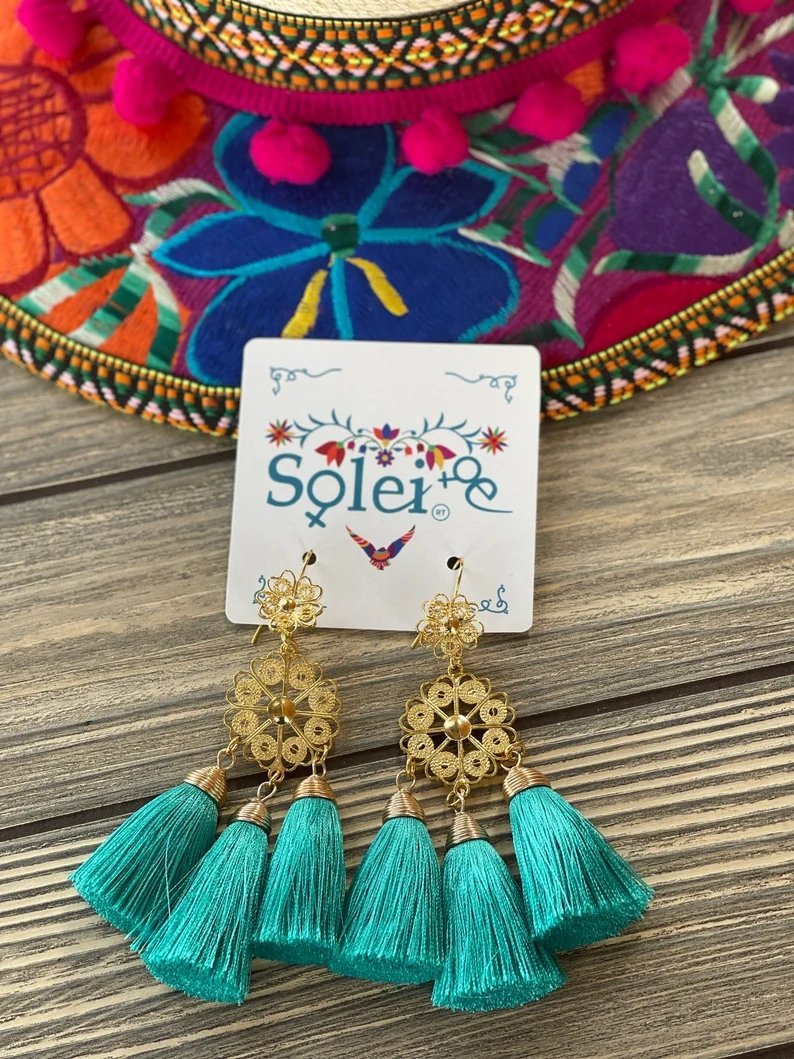 Mexican Floral Filigree Tassel Earrings. Arete Flor Borlas - Solei Store