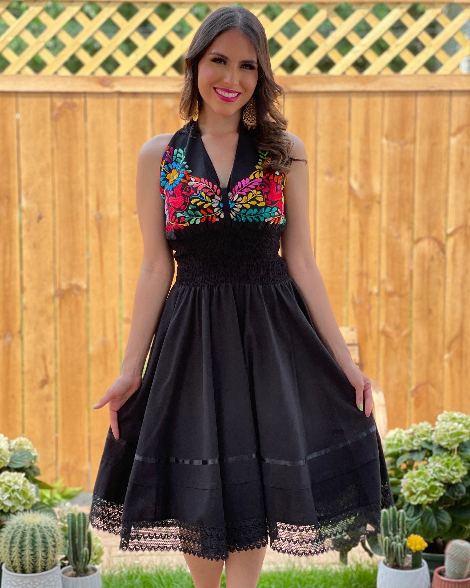 Mexican floral Embroidered halter dress in Black with Multicolor embroidery.