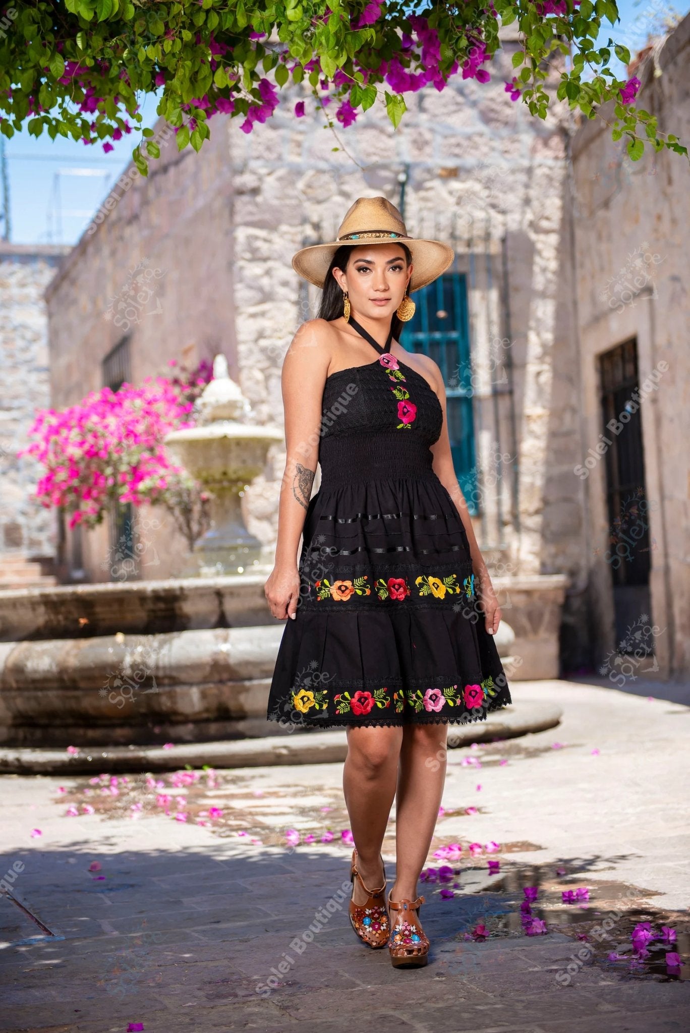 Mexican Floral Hand Embroidered Dress in Black with multicolor embroidery