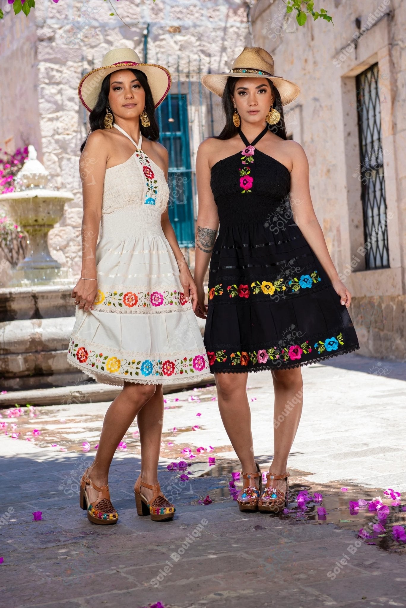 Mexican Floral Halter Dress. Hand Embroidered Mexican Dress. Eugenia Dress - Solei Store