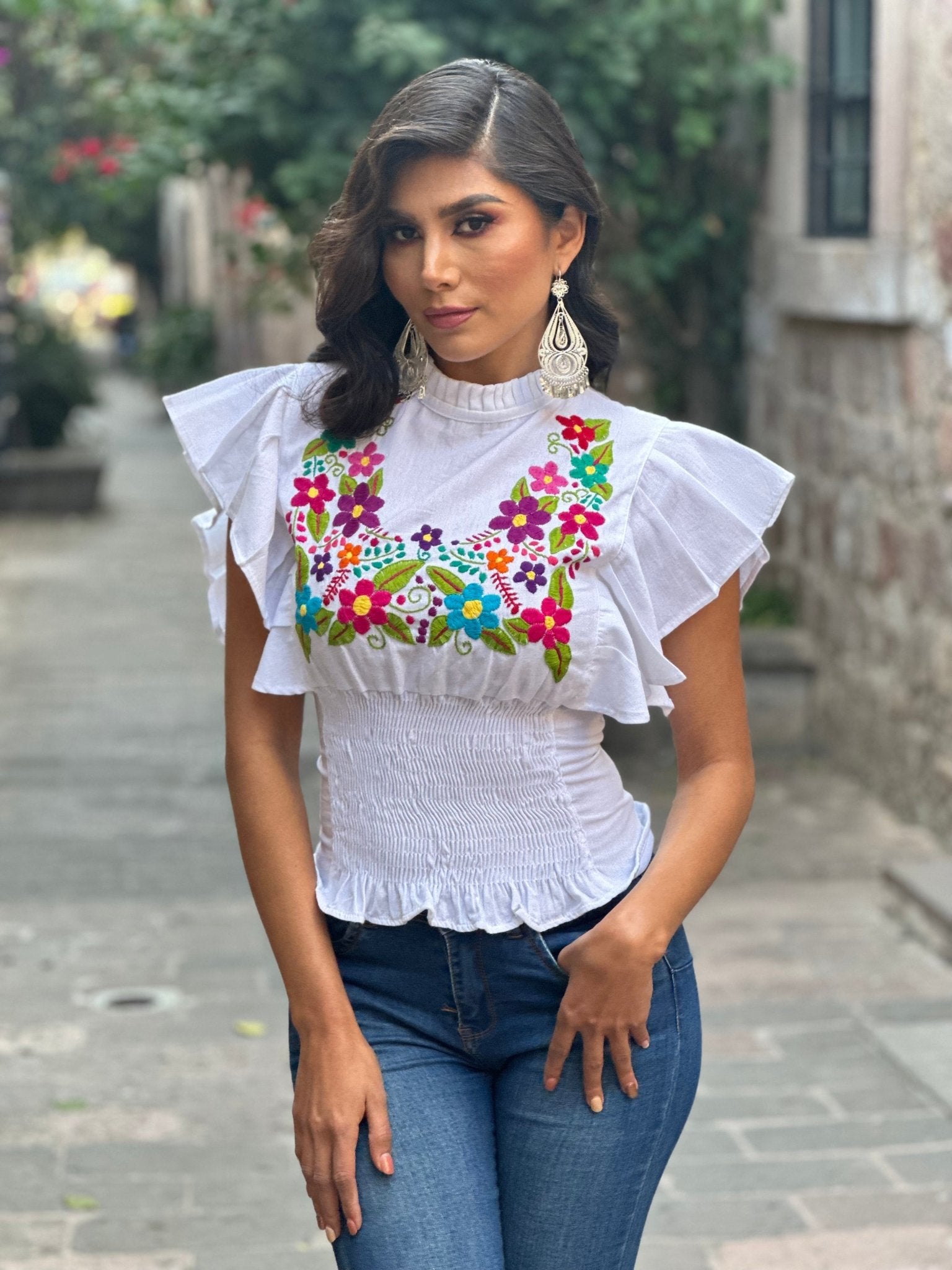 Mexican Floral Hand Embroidered Butterfly Sleeve Blouse. Blusa Ursula. - Solei Store