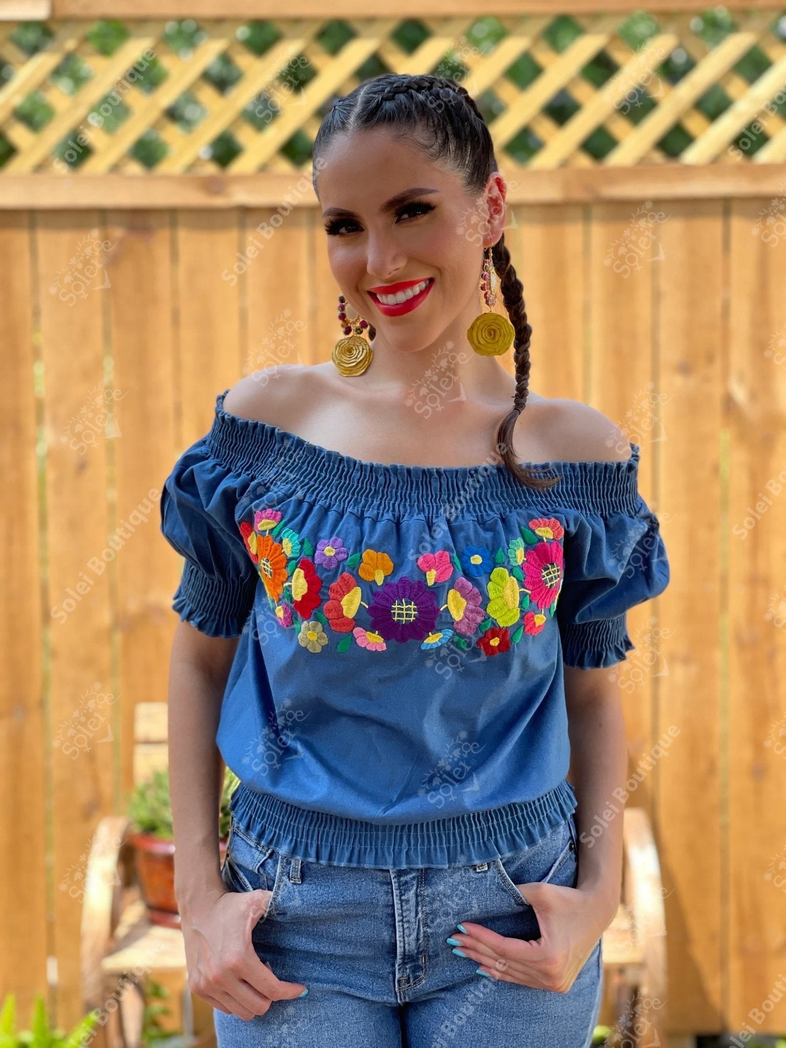 Mexican Floral Hand Embroidered Denim Blouse. Sasha Denim Blouse - Solei Store