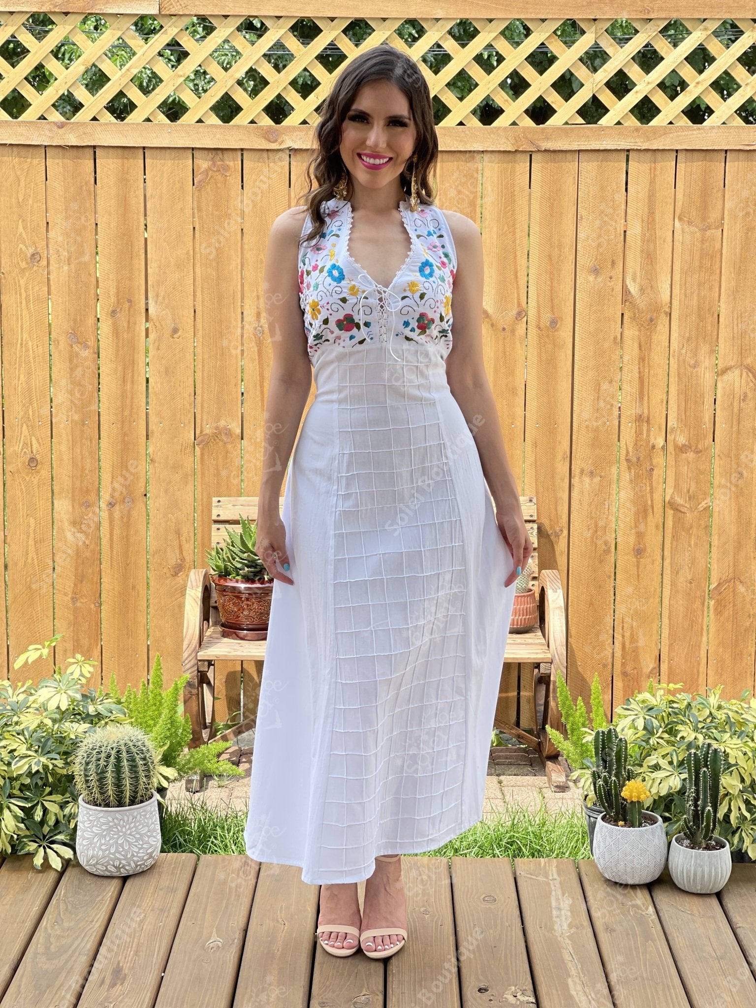 Mexican Floral Hand Embroidered Halter Dress in White with multicolor embroidery