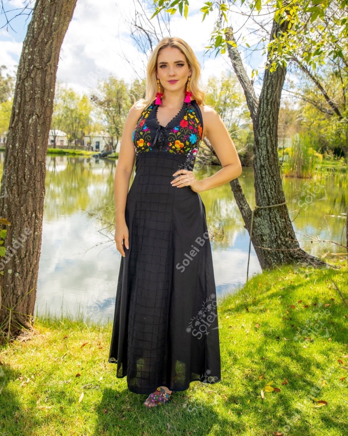 Mexican Floral Hand Embroidered Halter Dress in Black with multicolor embroidery