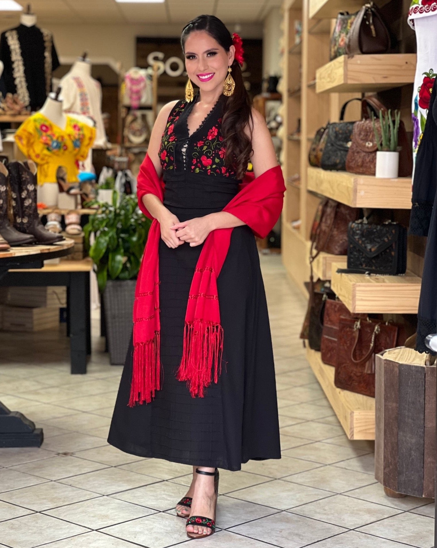 Mexican Floral Hand Embroidered Halter Dress in Black with Red embroidery