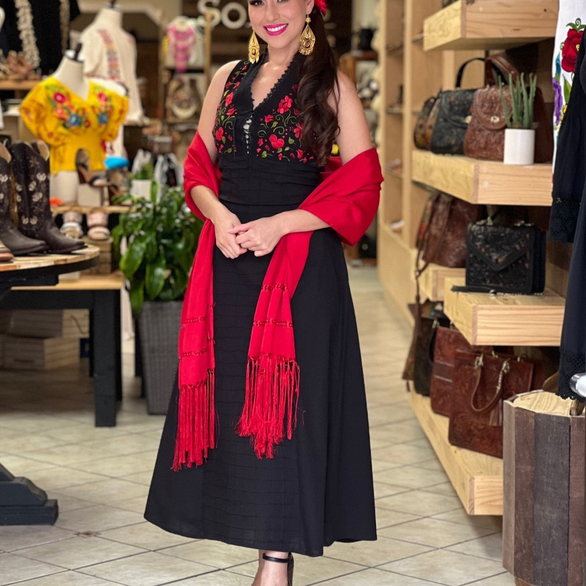 Cristy Red Floral Embroidered Mexican Dress- Vestido Bordado Mexicano