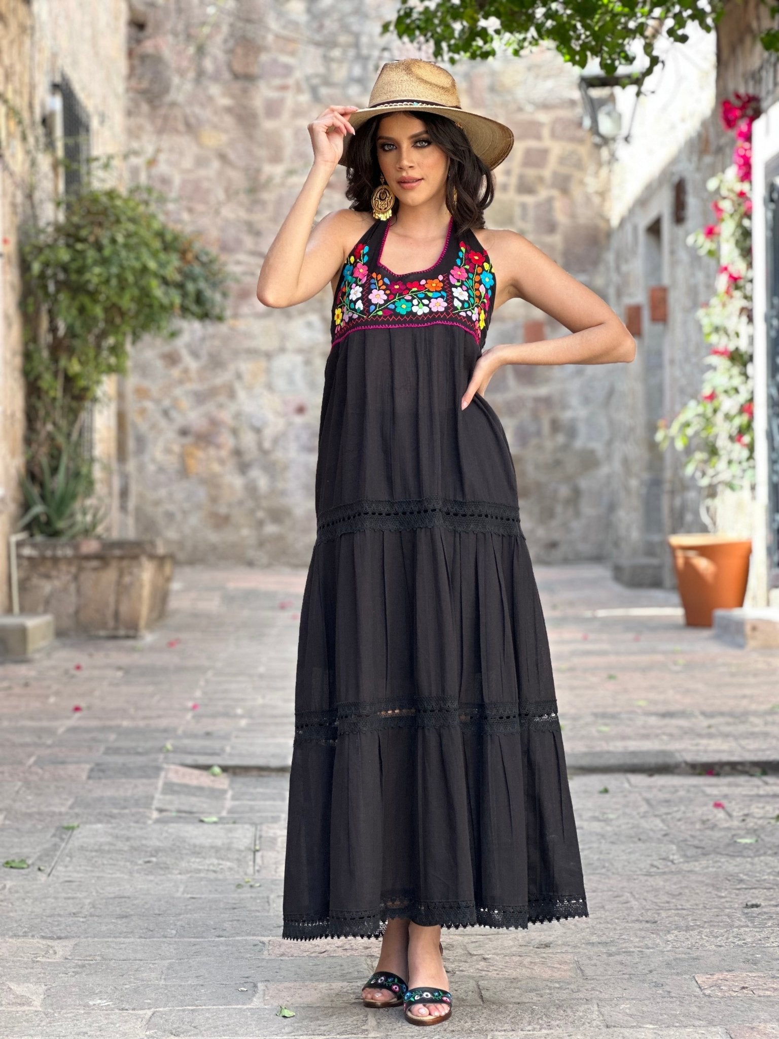 Mexican Floral Hand Embroidered Halter Dress. Penelope Halter Dress. - Solei Store