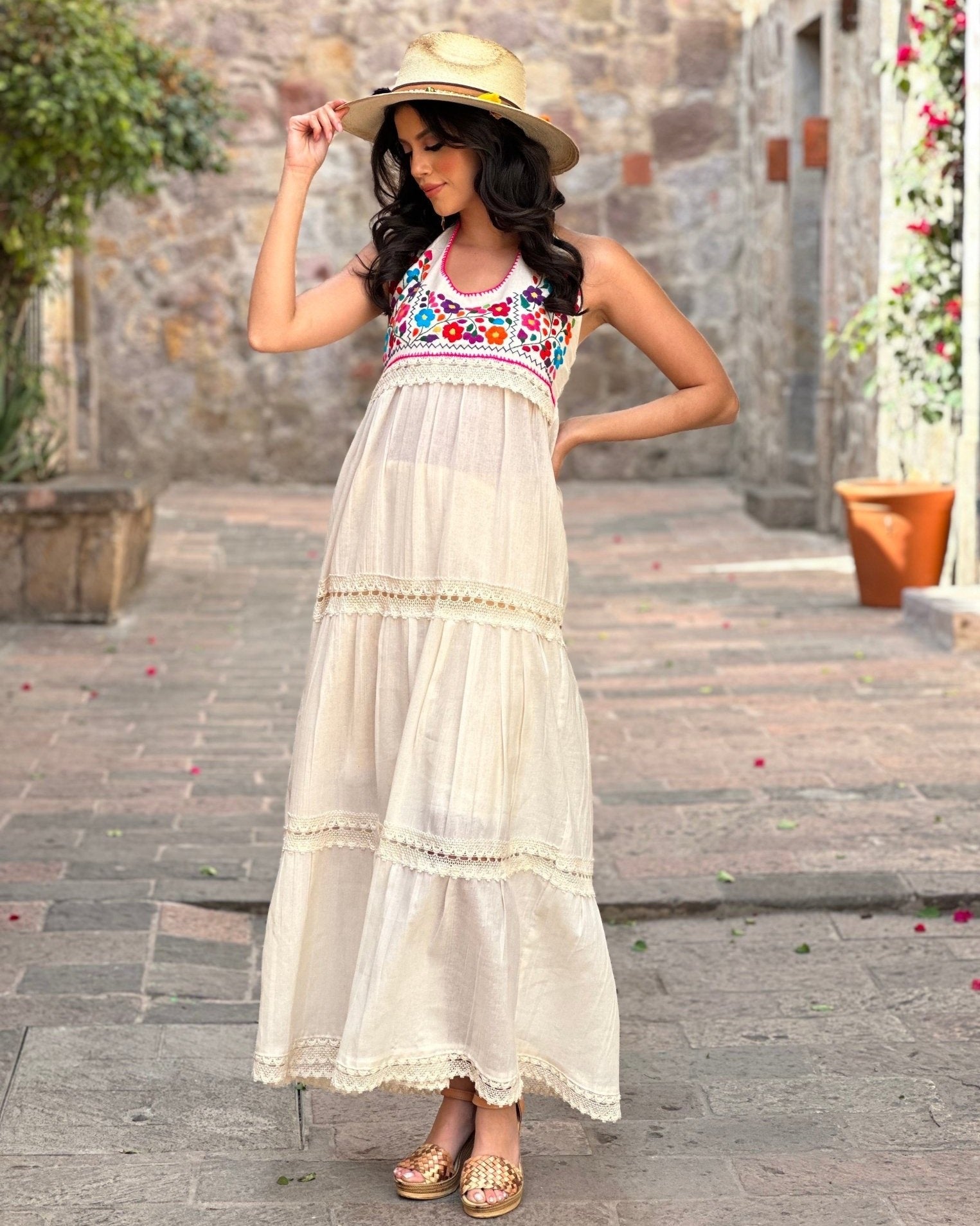 Mexican Floral Hand Embroidered Halter Dress. Penelope Halter Dress. - Solei Store
