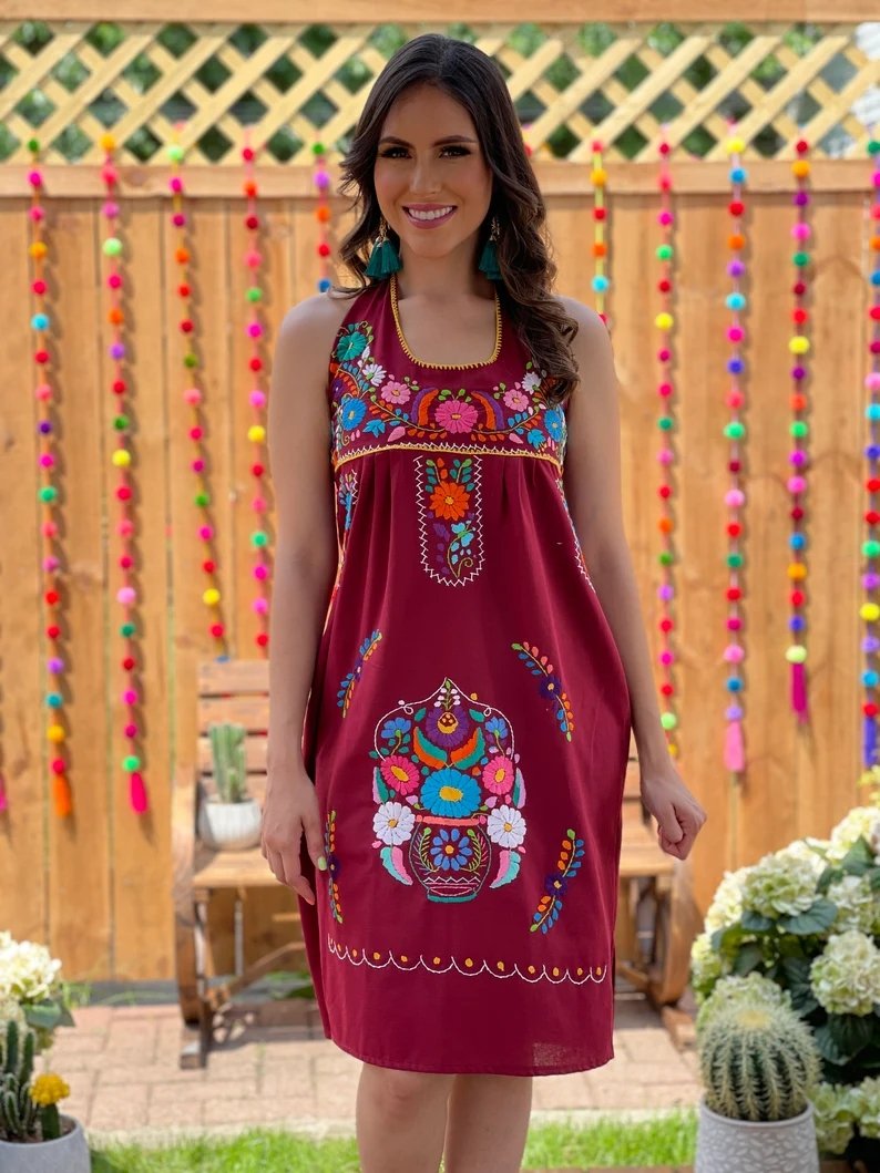 Mexican Floral Hand Embroidered Halter Dress. Vestido Renata Halter - Solei Store