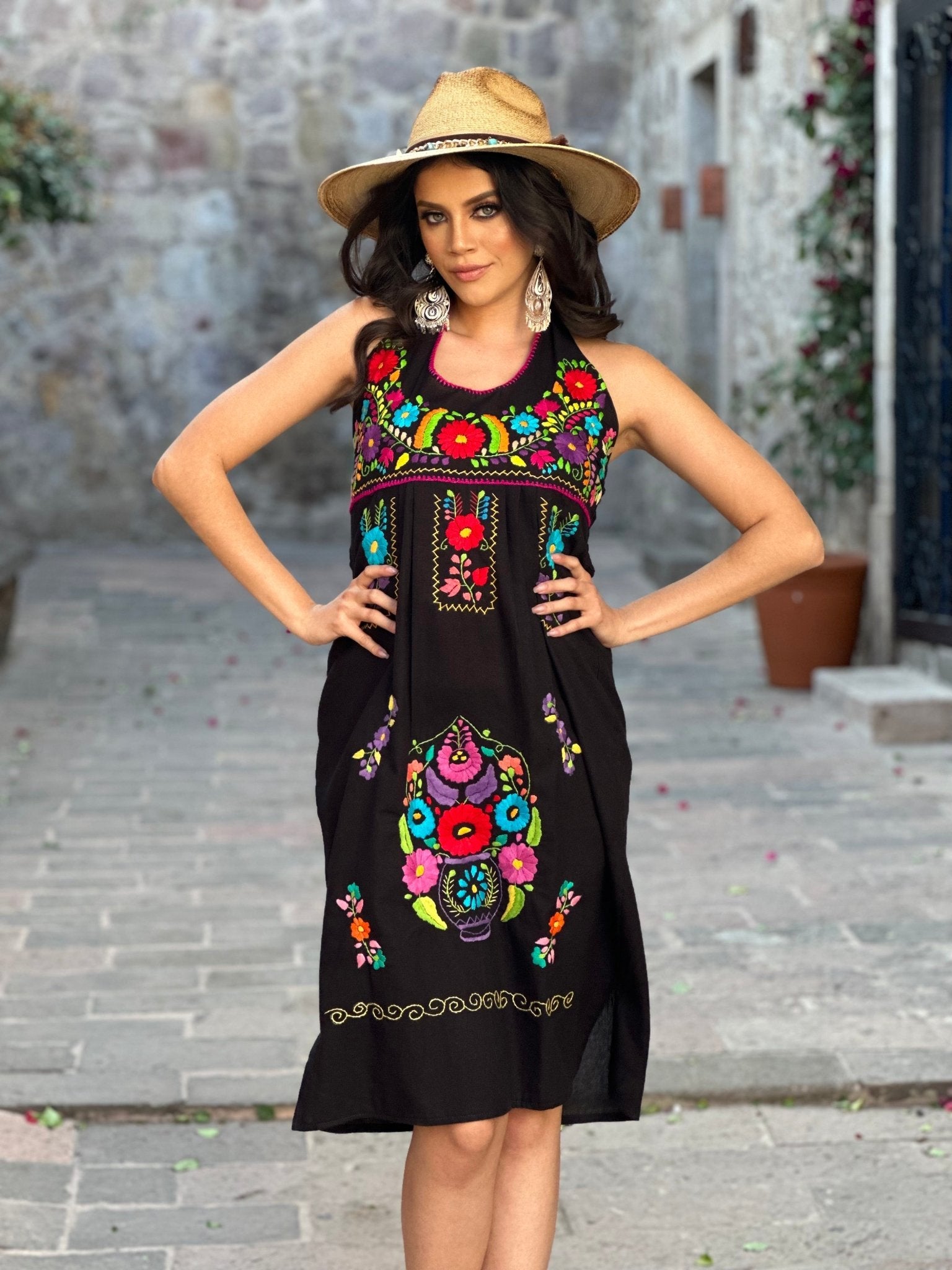 Mexican Floral Hand Embroidered Halter Dress. Vestido Renata Halter - Solei Store