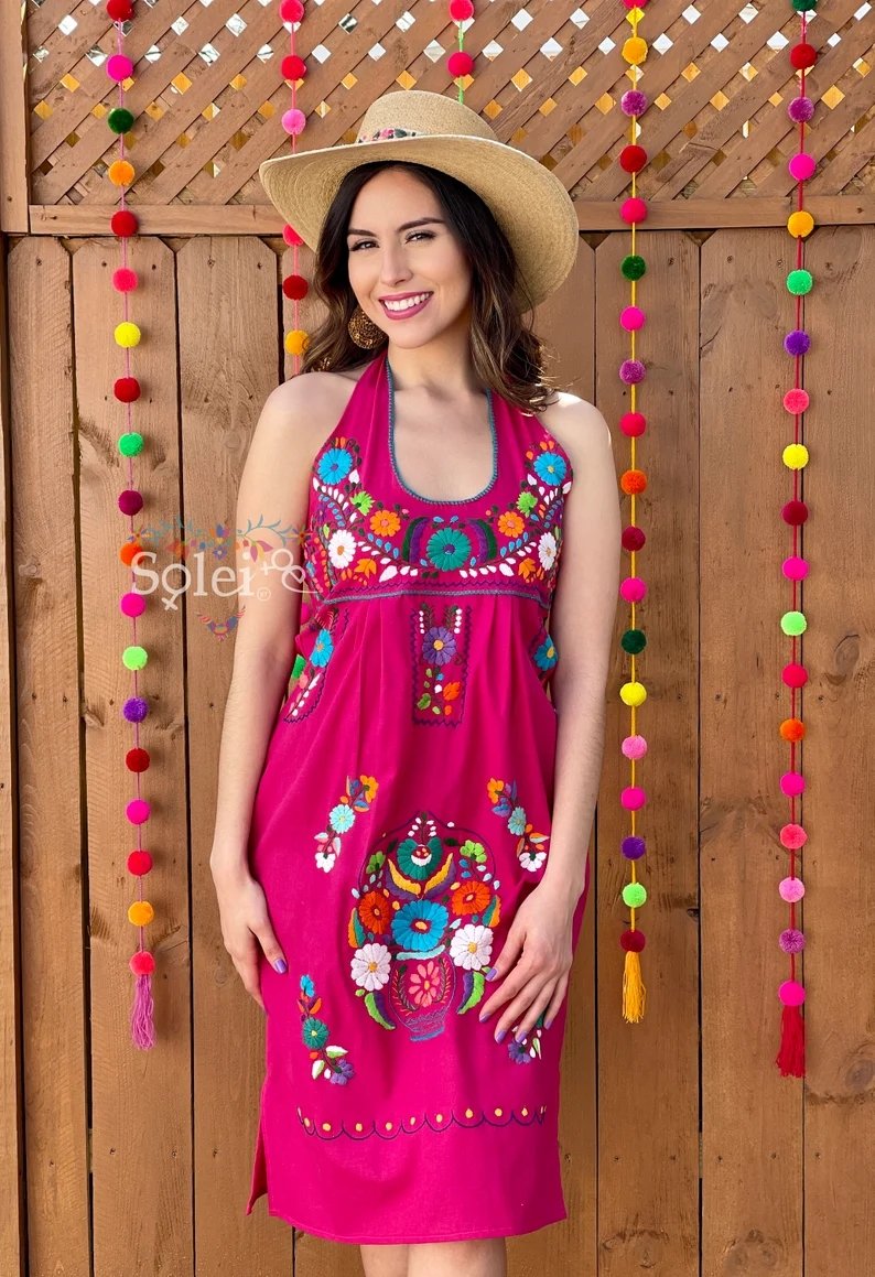 Mexican Floral Hand Embroidered Halter Dress. Vestido Renata Halter - Solei Store