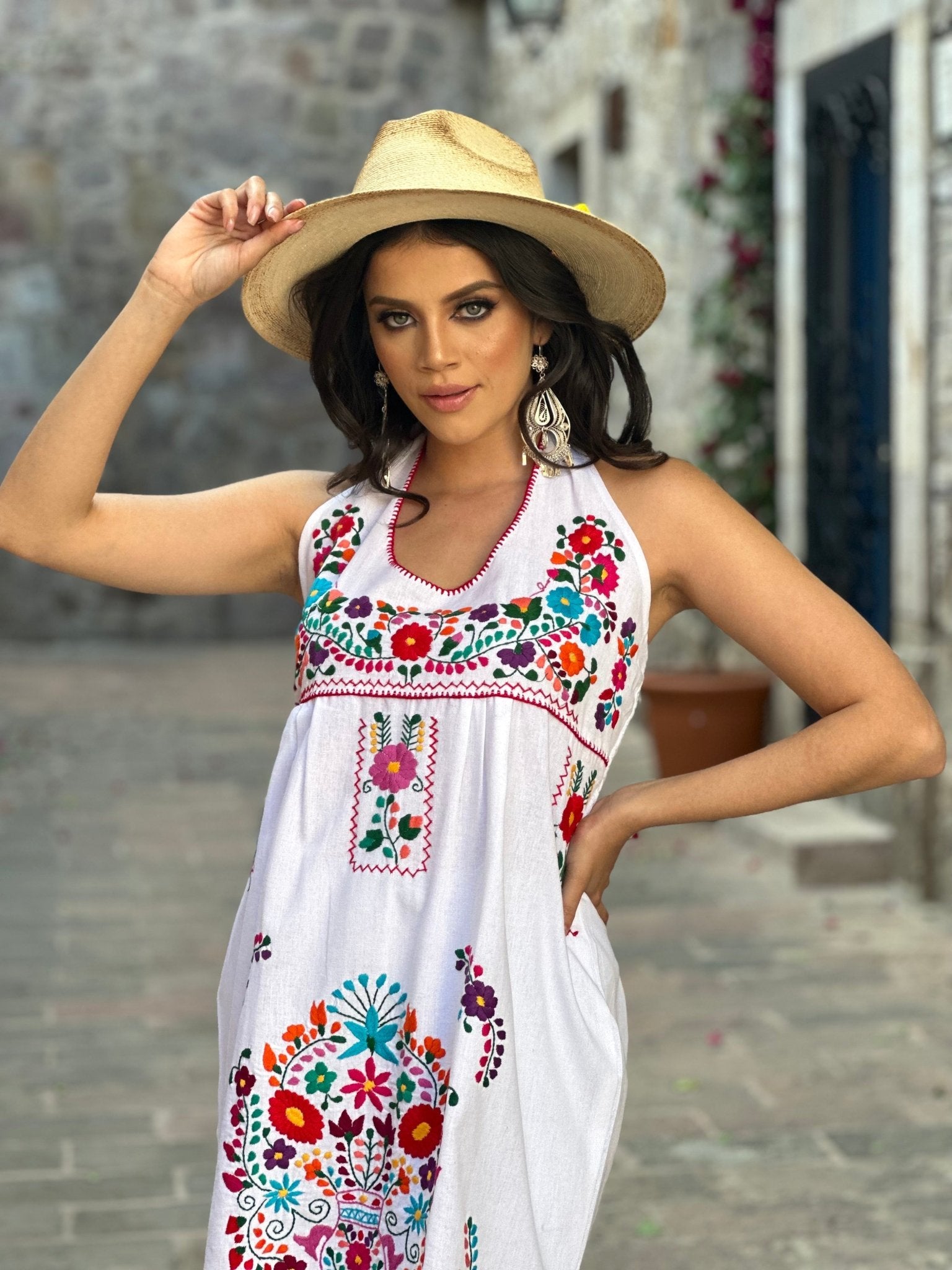 Mexican Floral Hand Embroidered Halter Dress. Vestido Renata Halter - Solei Store