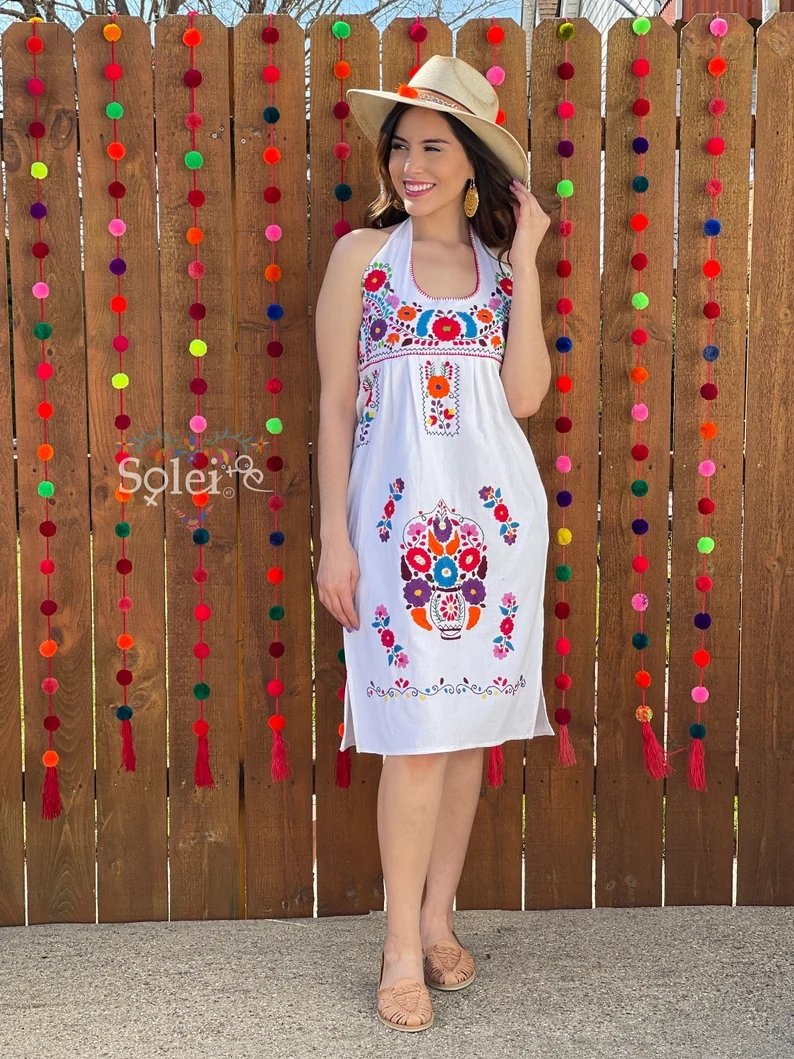 Mexican Floral Hand Embroidered Halter Dress. Vestido Renata Halter - Solei Store