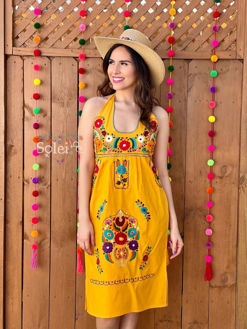 Mexican Floral Hand Embroidered Halter Dress. Vestido Renata Halter - Solei Store