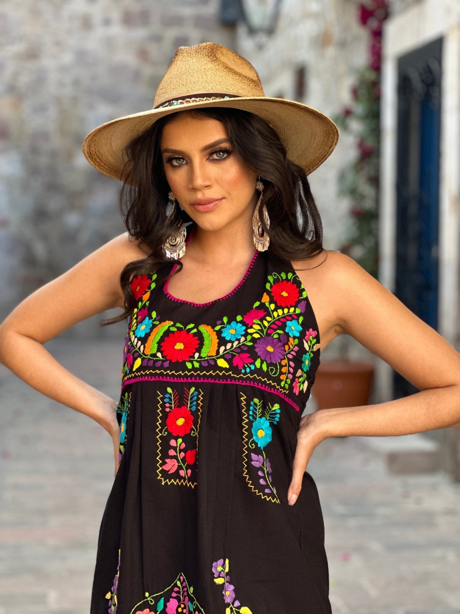 Mexican Floral Hand Embroidered Halter Dress. Vestido Renata Halter - Solei Store