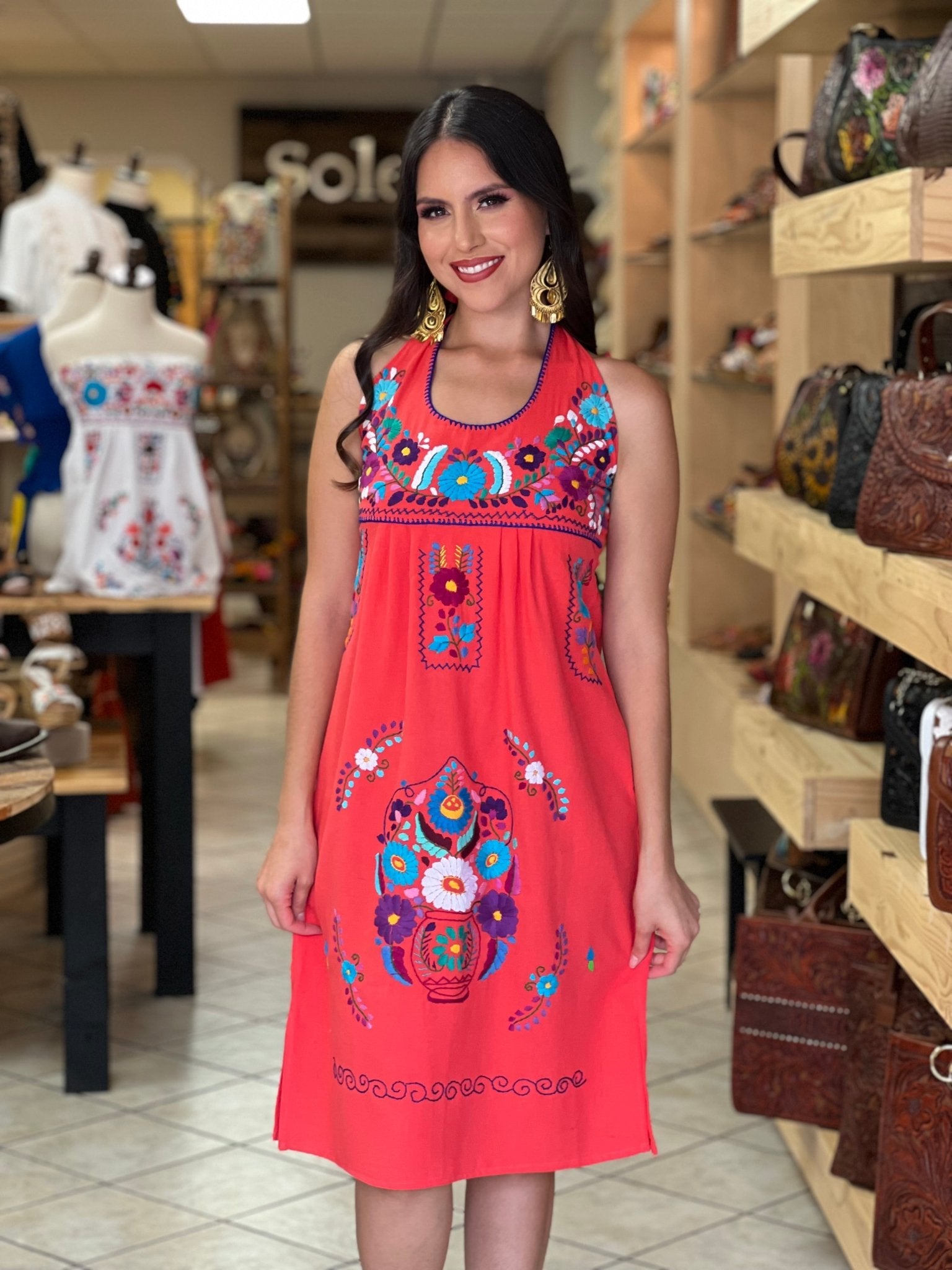 Mexican Floral Hand Embroidered Halter Dress. Vestido Renata Halter - Solei Store