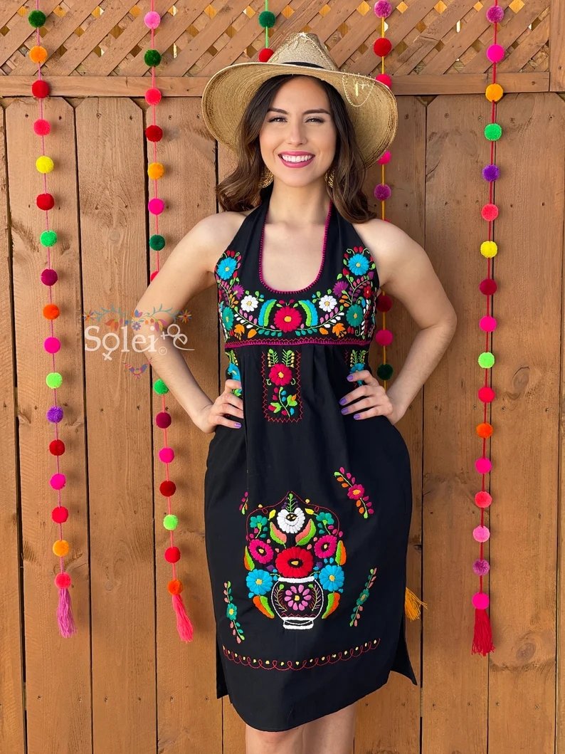 Mexican Floral Hand Embroidered Halter Dress. Vestido Renata Halter - Solei Store