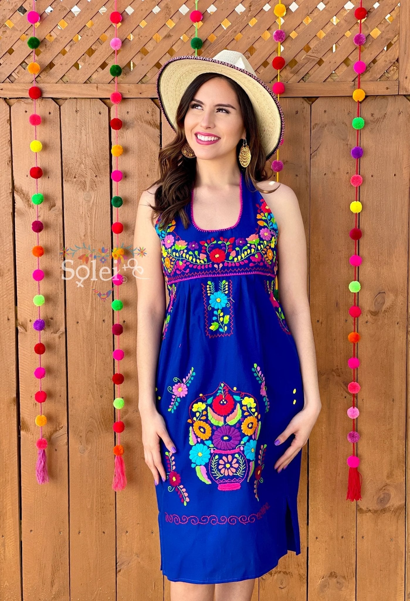 Mexican Floral Hand Embroidered Halter Dress. Vestido Renata Halter - Solei Store