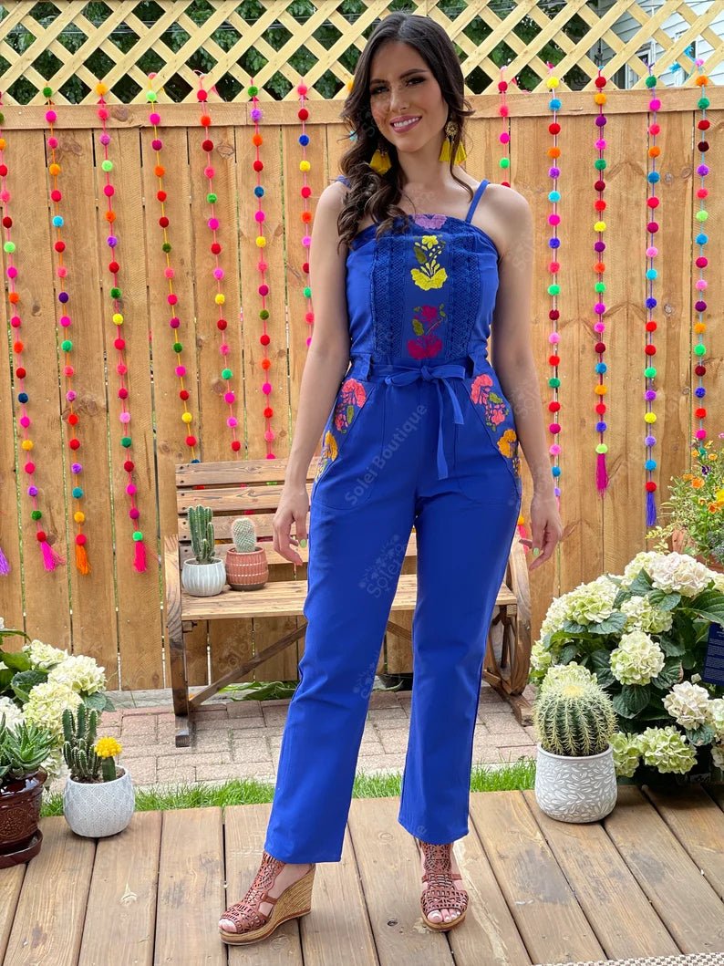 Mexican Floral Hand Embroidered Jumpsuit. Jumpsuit Vianii. - Solei Store