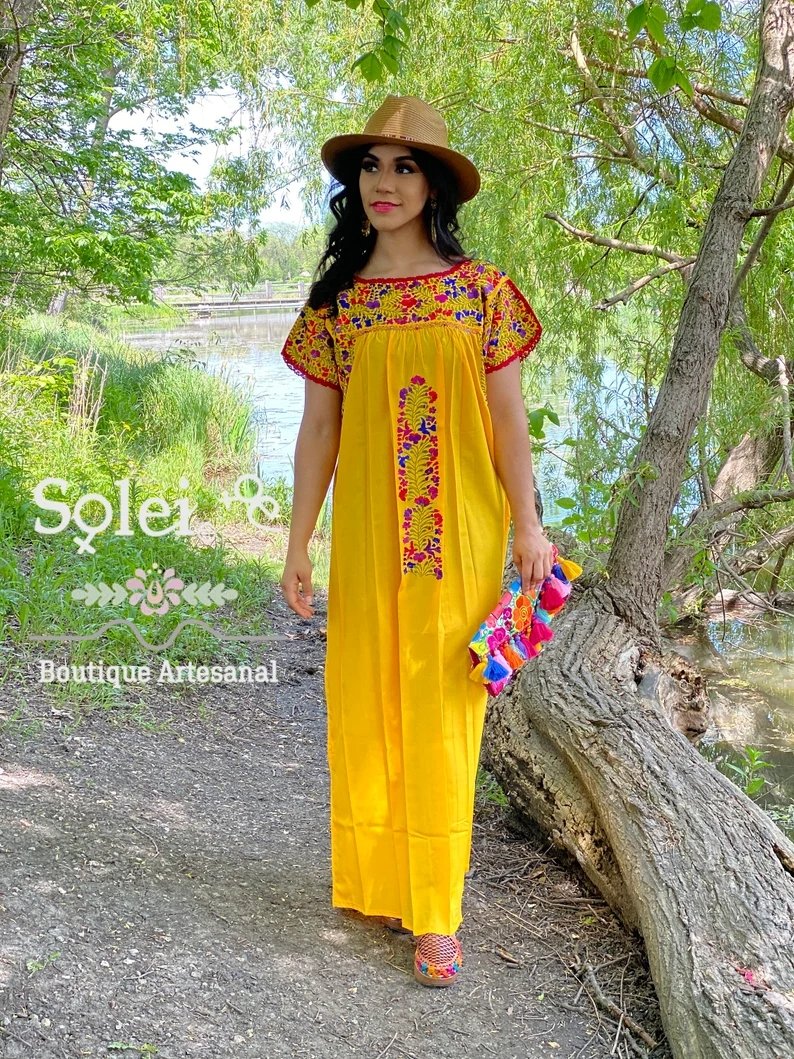 Mexican Floral Hand Embroidered Maxi Dress. San Antonino Dress - Solei Store