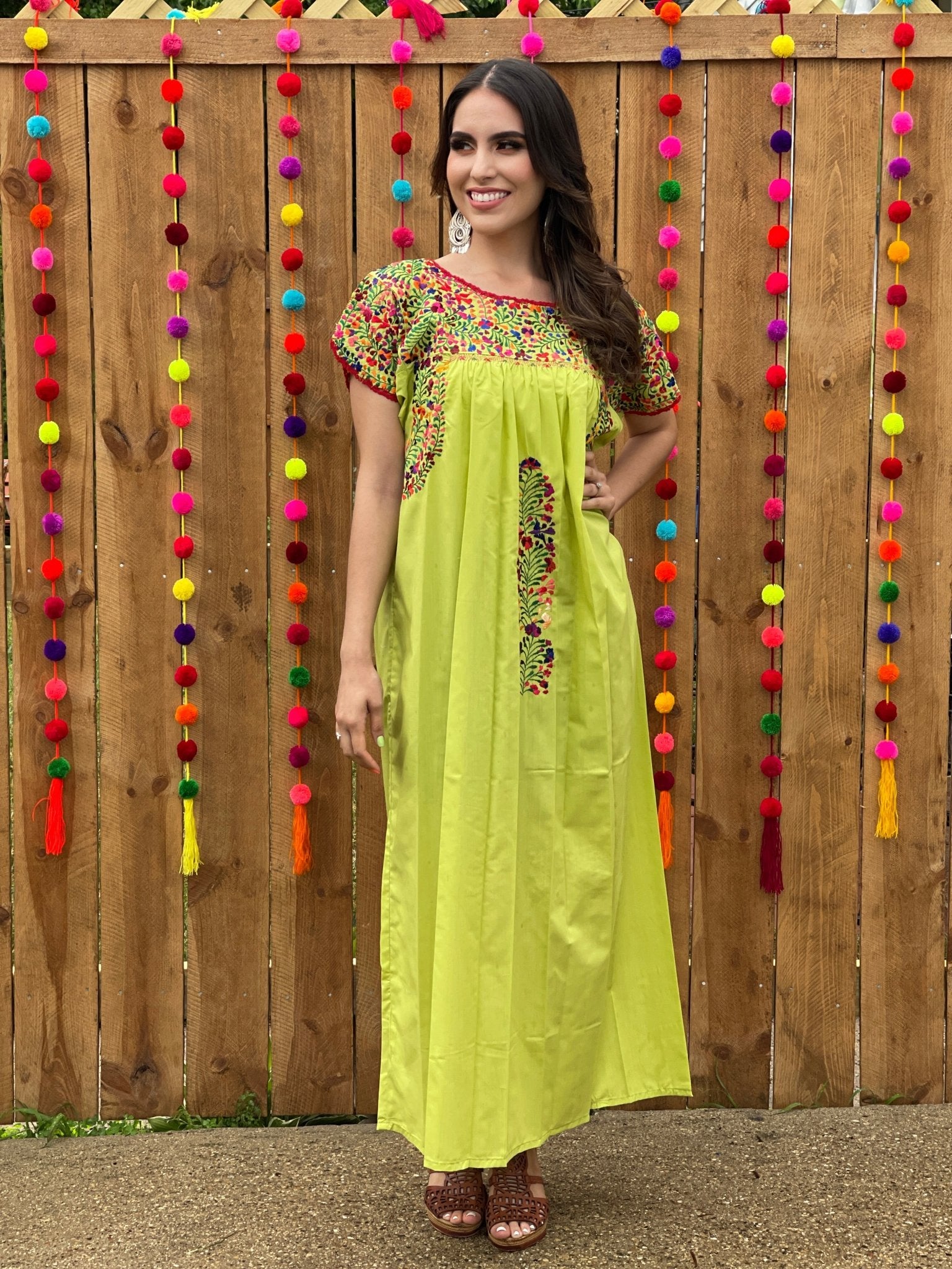 Mexican hand embroidered dress * SAN ANTONINO * lime / online multicolor, Size M, pre-breast, holiday dress, beach wedding, bohohemian-chic dress