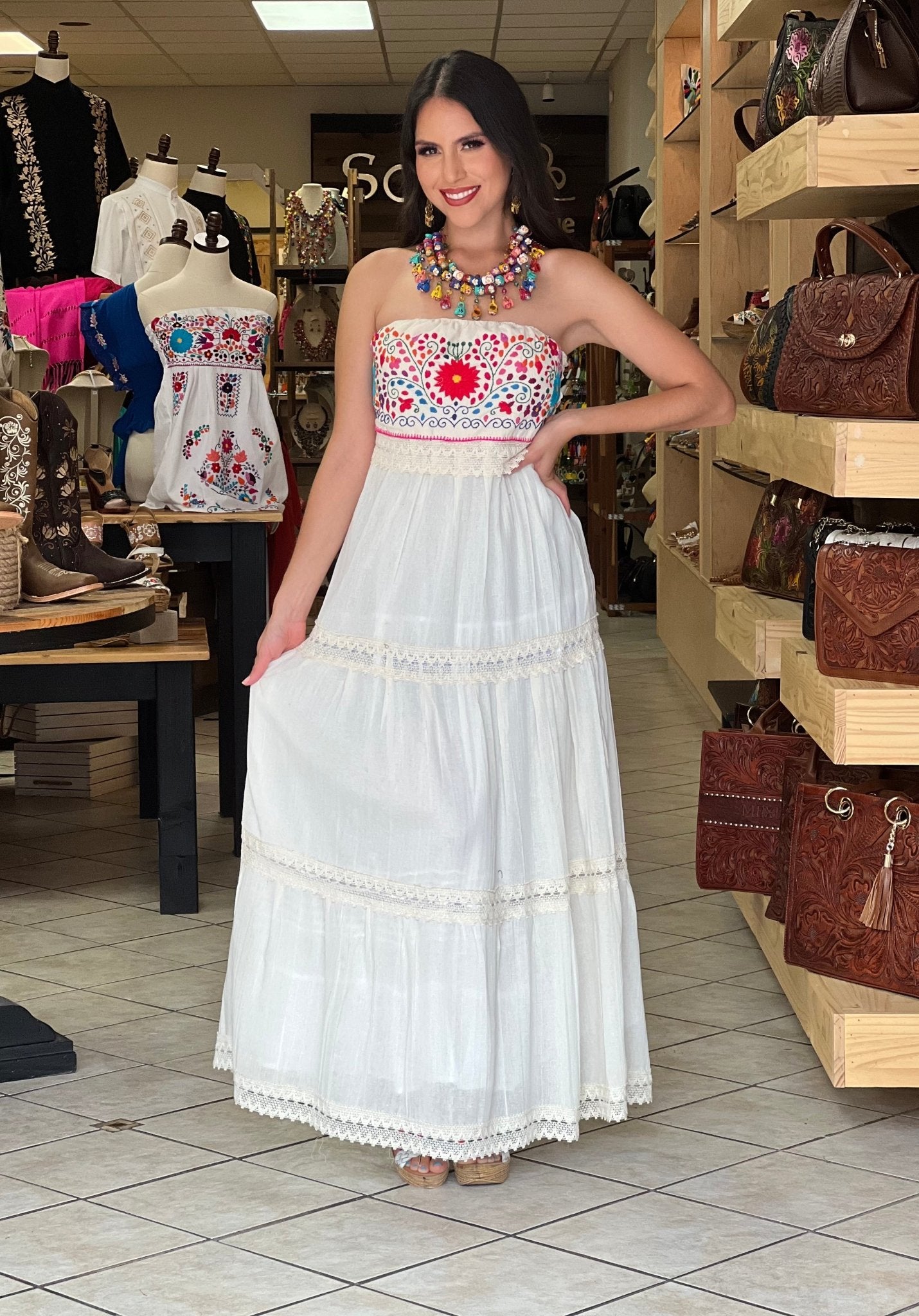 Mexican Floral Hand Embroidered Strapless Dress. Penelope Dress. - Solei Store