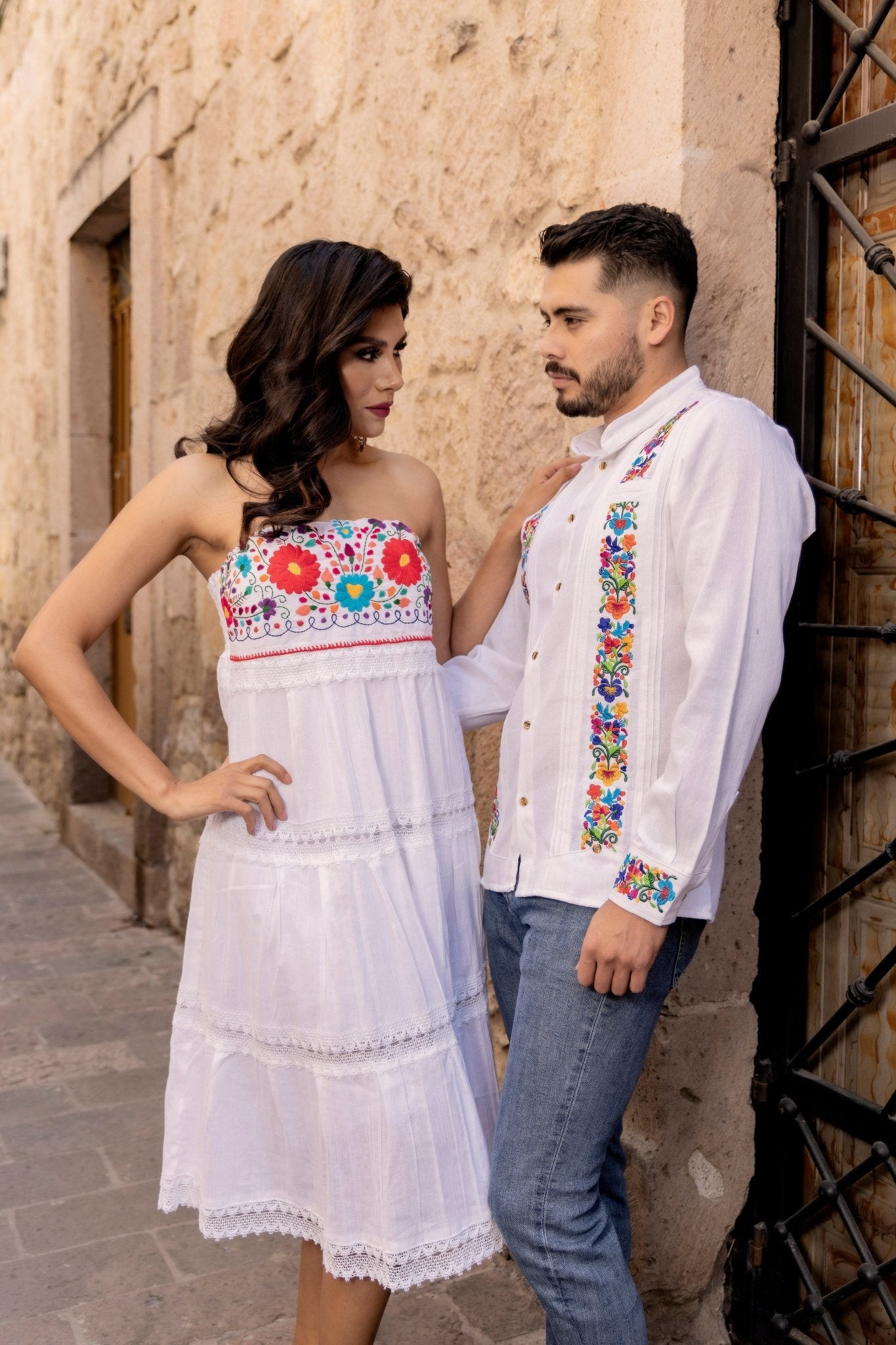 Mexican Floral Hand Embroidered Strapless Dress. Penelope Short Dress. - Solei Store