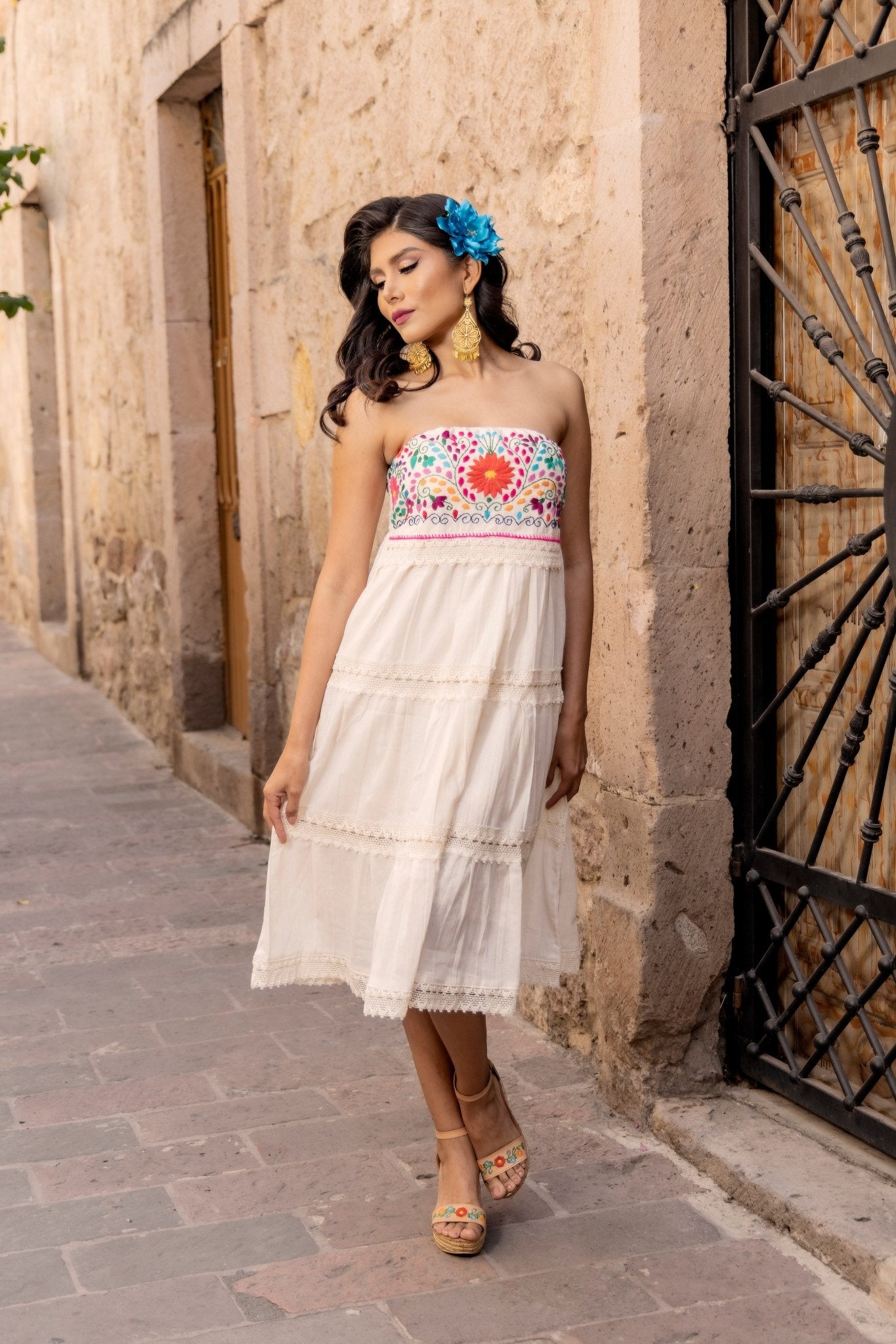 Mexican Floral Hand Embroidered Strapless Dress. Penelope Short Dress. - Solei Store