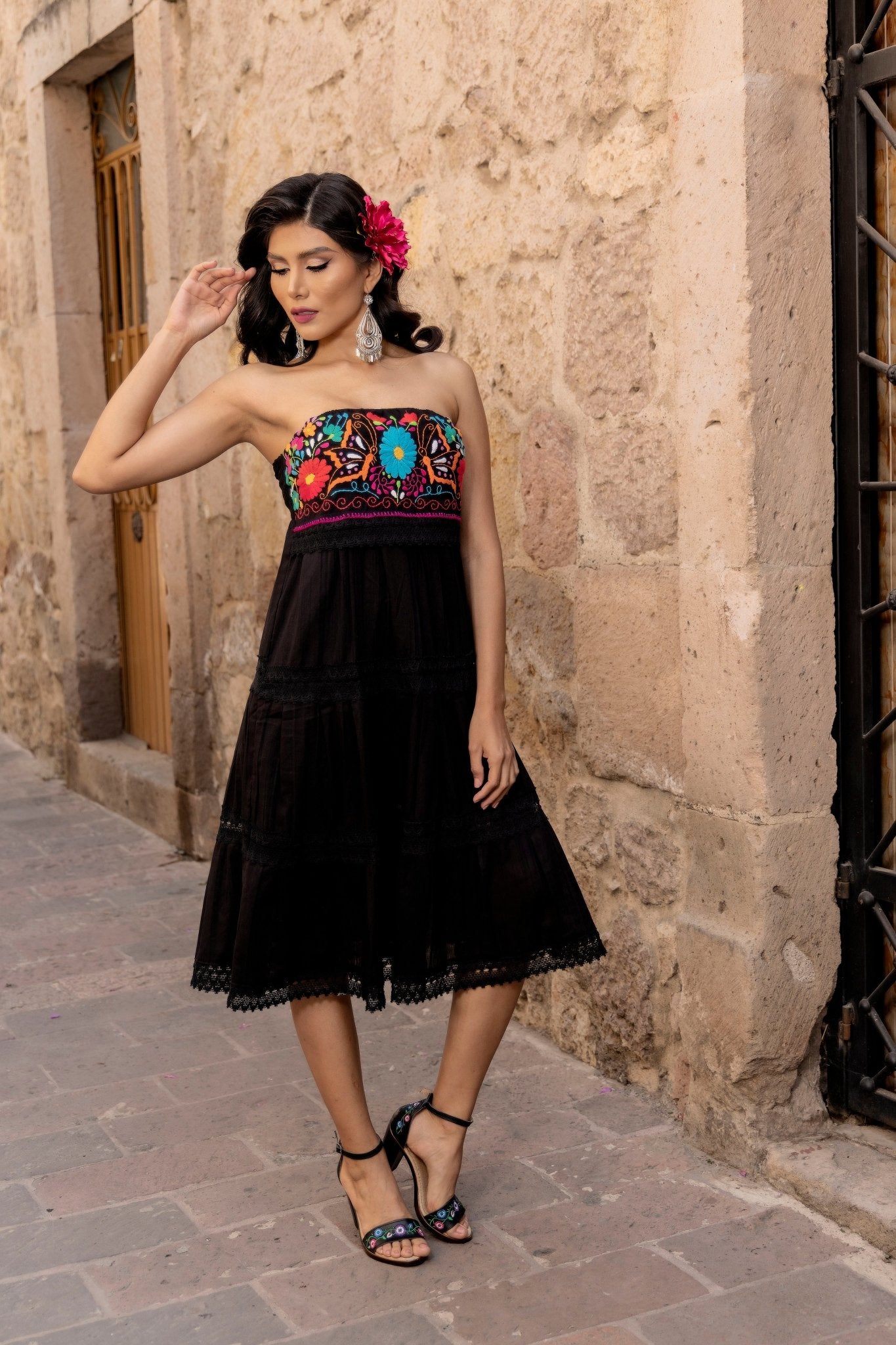 Mexican Floral Hand Embroidered Strapless Dress. Penelope Short Dress. - Solei Store