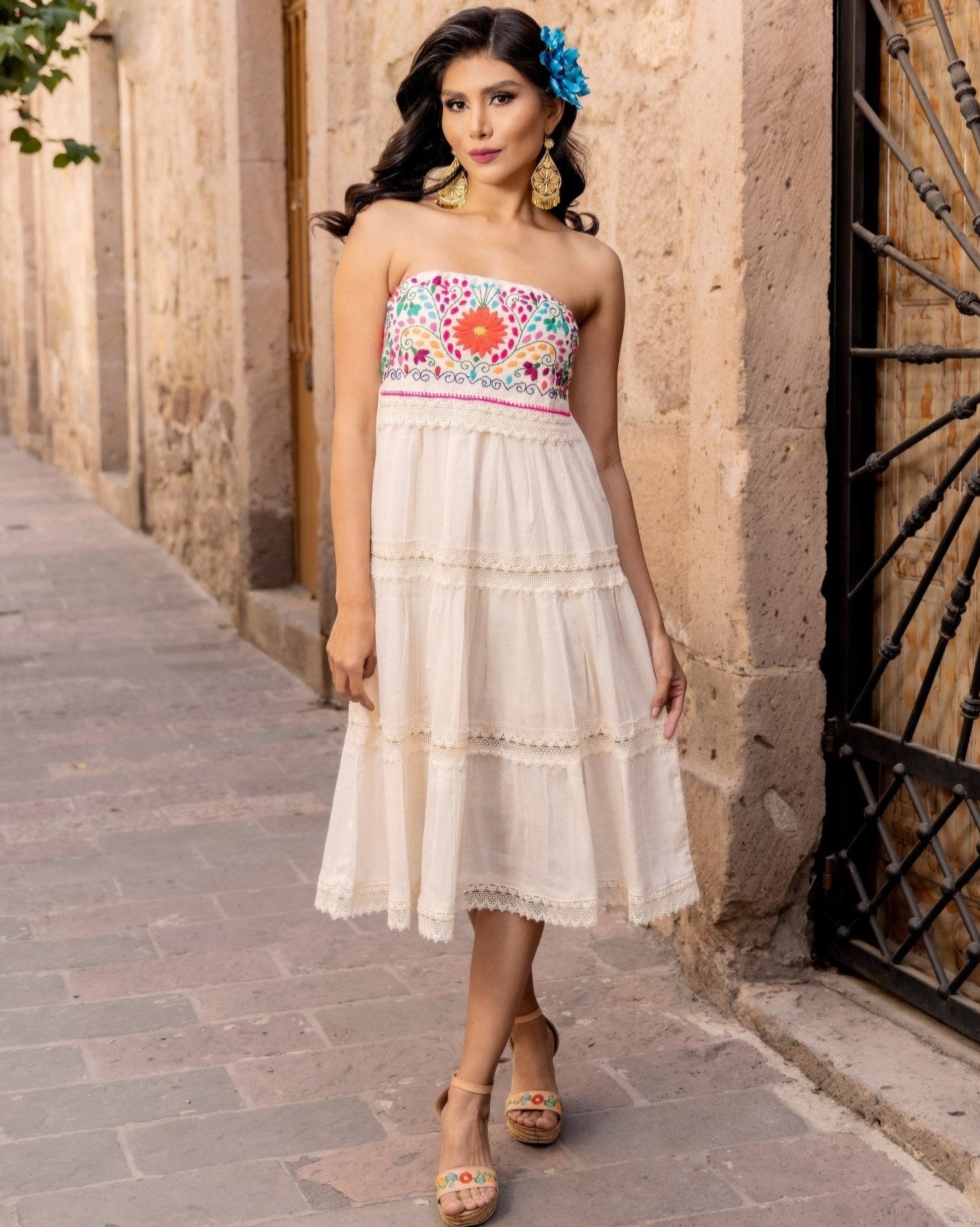 Mexican Floral Hand Embroidered Strapless Dress. Penelope Short Dress. - Solei Store