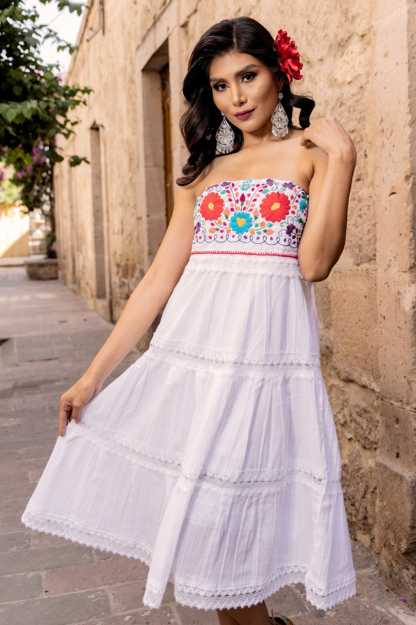 Mexican Floral Hand Embroidered Strapless Dress. Penelope Short Dress. - Solei Store