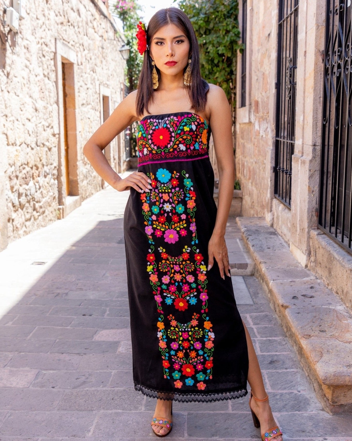 Mexican Floral Hand Embroidered Strapless Dress. Vestido Leonor. - Solei Store