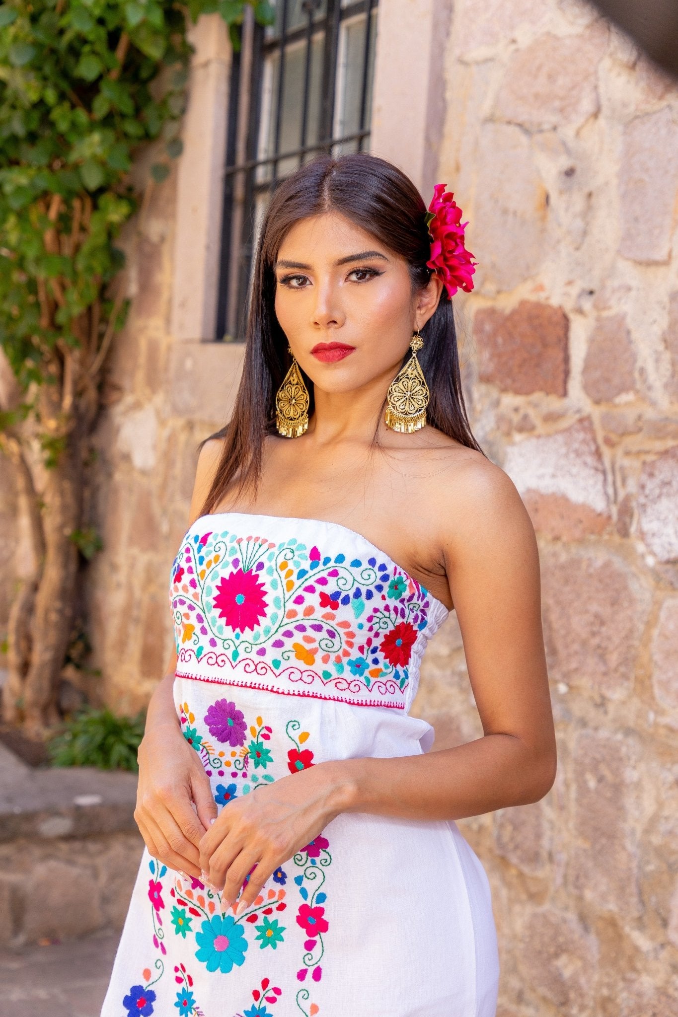 Mexican Floral Hand Embroidered Strapless Dress. Vestido Leonor. - Solei Store