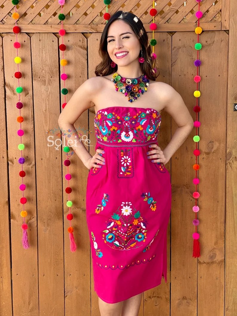 Mexican Floral Hand Embroidered Strapless Dress. Vestido Renata Strapless - Solei Store