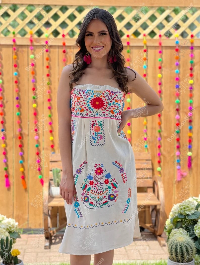 Mexican Floral Hand Embroidered Strapless Dress. Vestido Renata Strapless - Solei Store