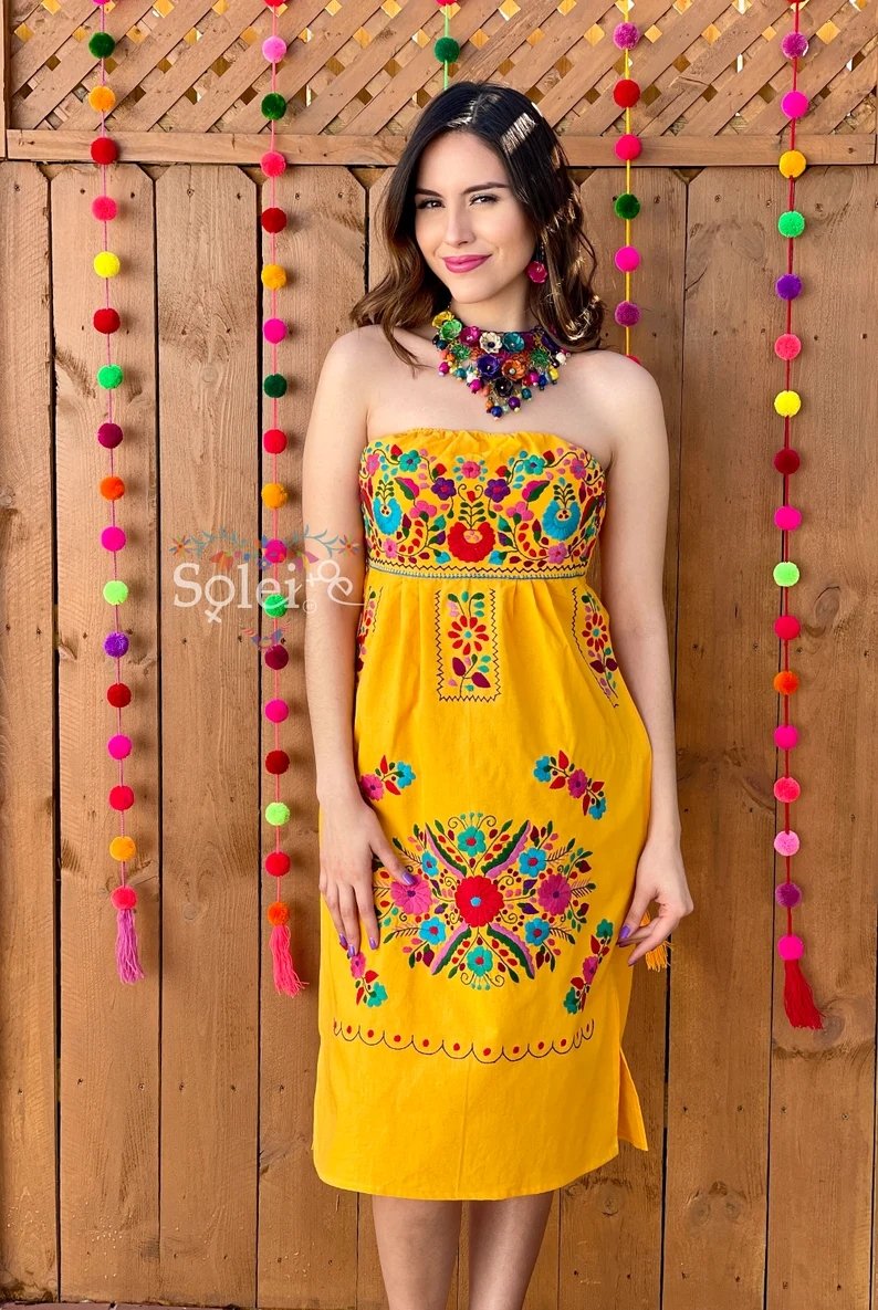 Mexican Floral Hand Embroidered Strapless Dress. Vestido Renata Strapless - Solei Store