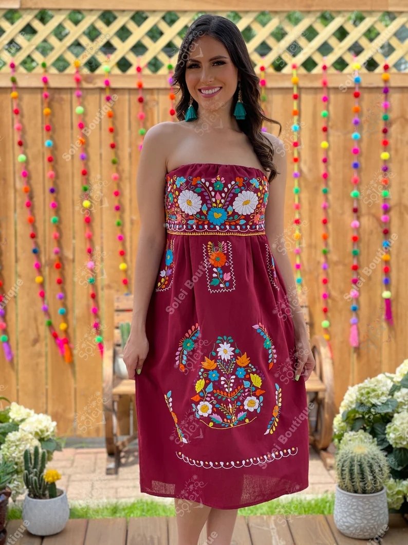 Mexican Floral Hand Embroidered Strapless Dress. Vestido Renata Strapless - Solei Store