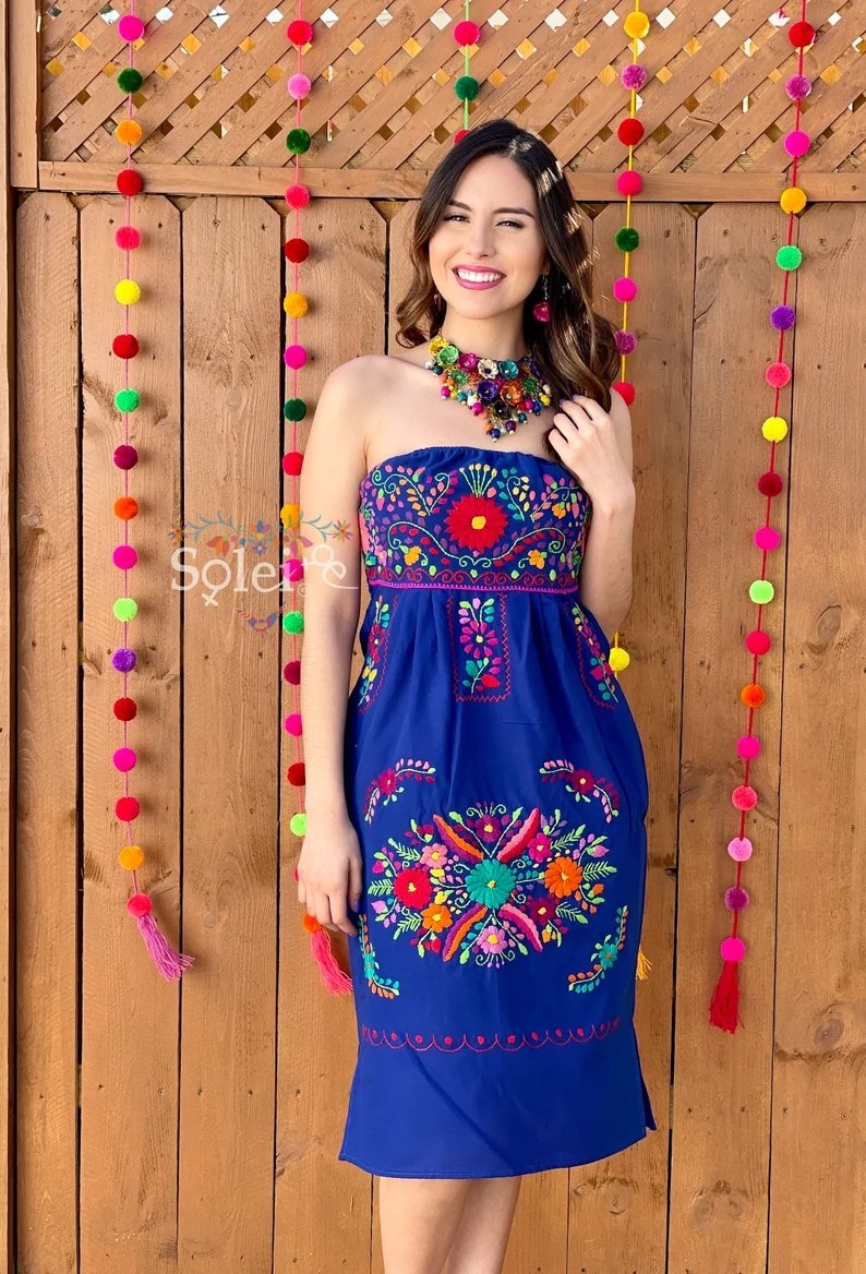 Mexican Floral Hand Embroidered Strapless Dress. Vestido Renata Strapless - Solei Store