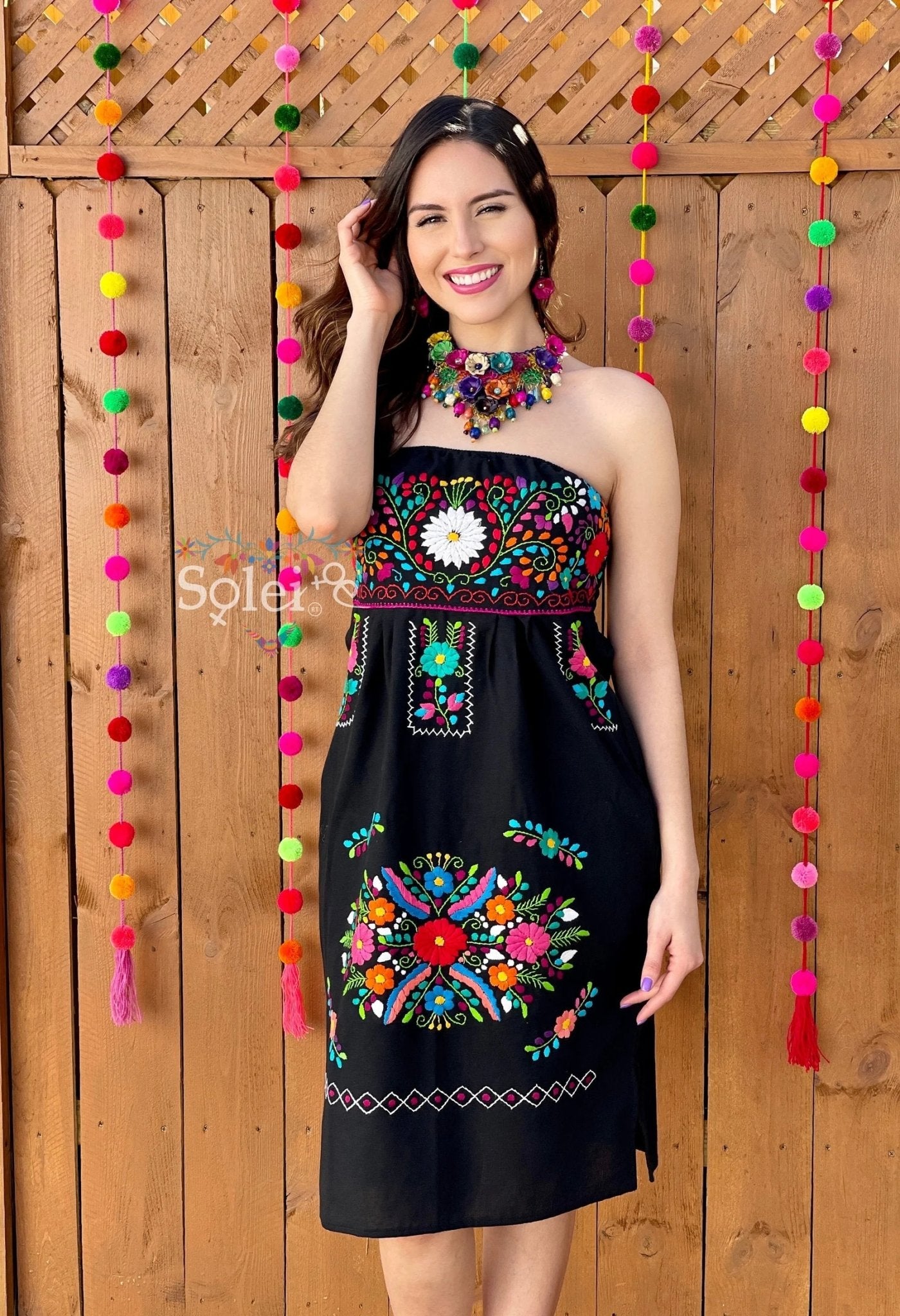 Mexican Floral Hand Embroidered Strapless Dress. Vestido Renata Strapless - Solei Store