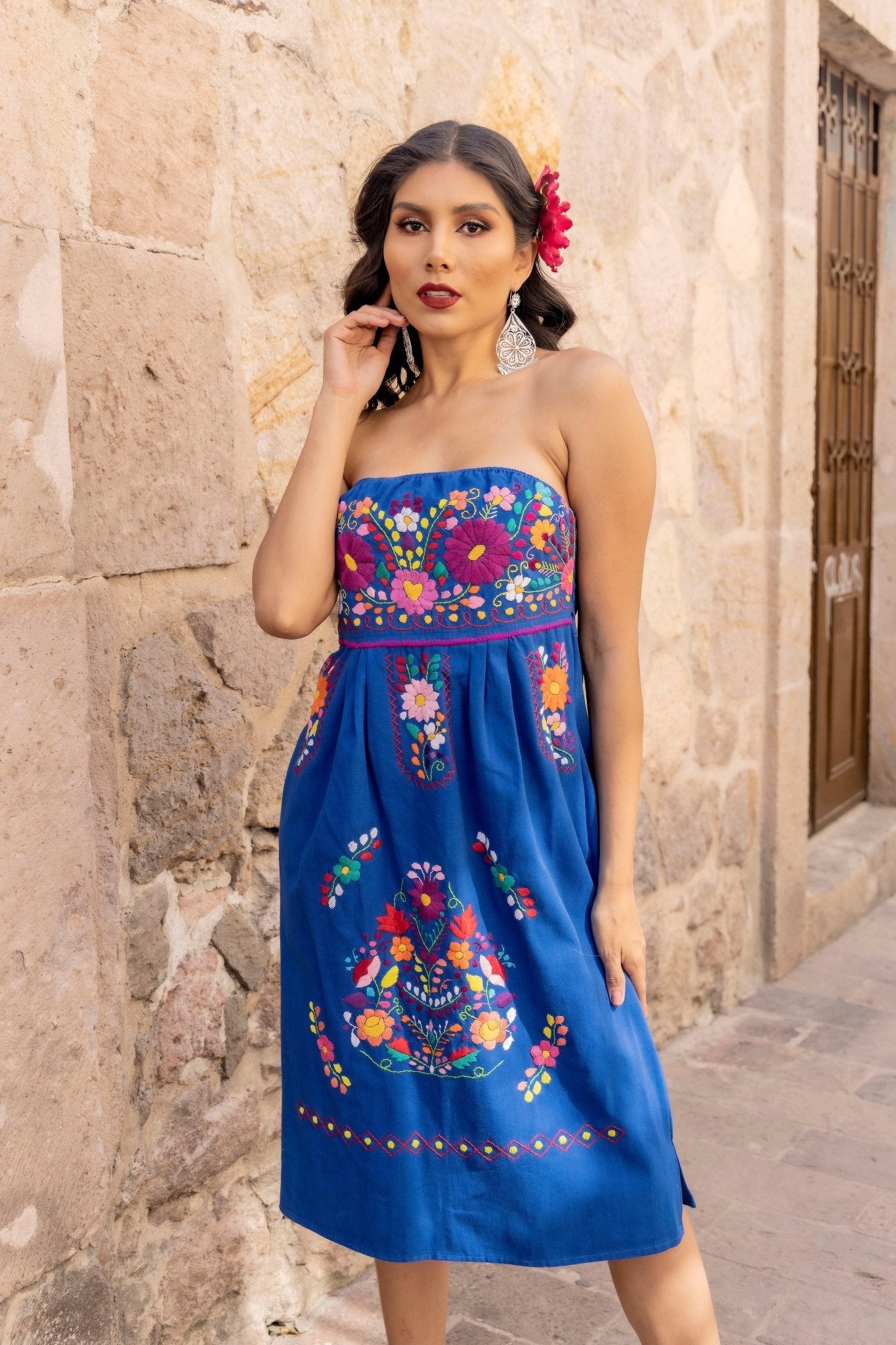 Mexican Floral Hand Embroidered Strapless Dress. Vestido Renata Strapless - Solei Store