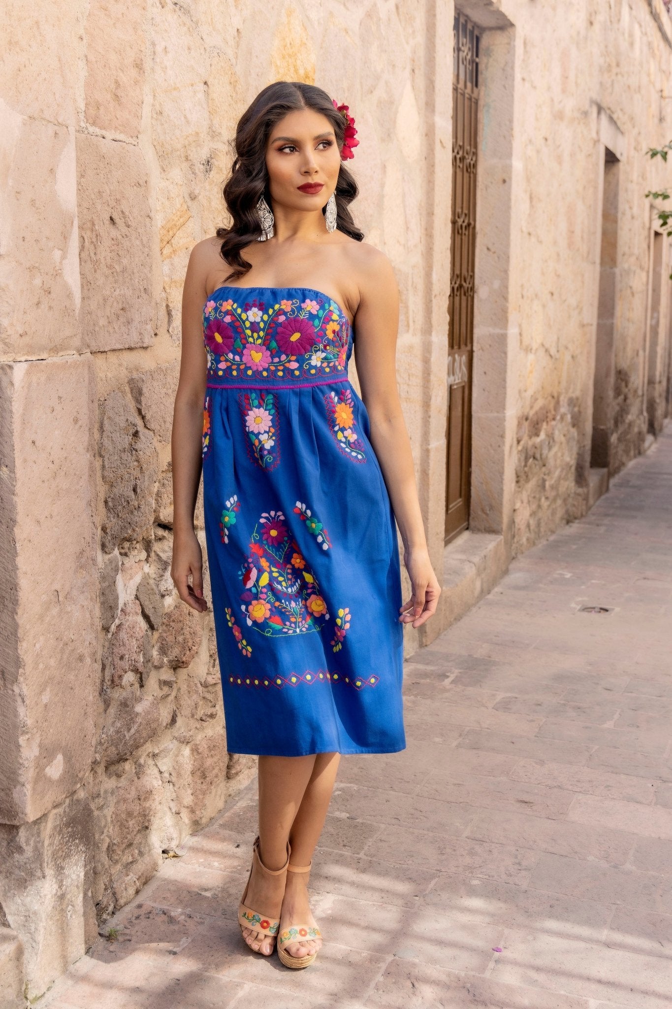 Mexican Floral Hand Embroidered Strapless Dress. Vestido Renata Strapless - Solei Store