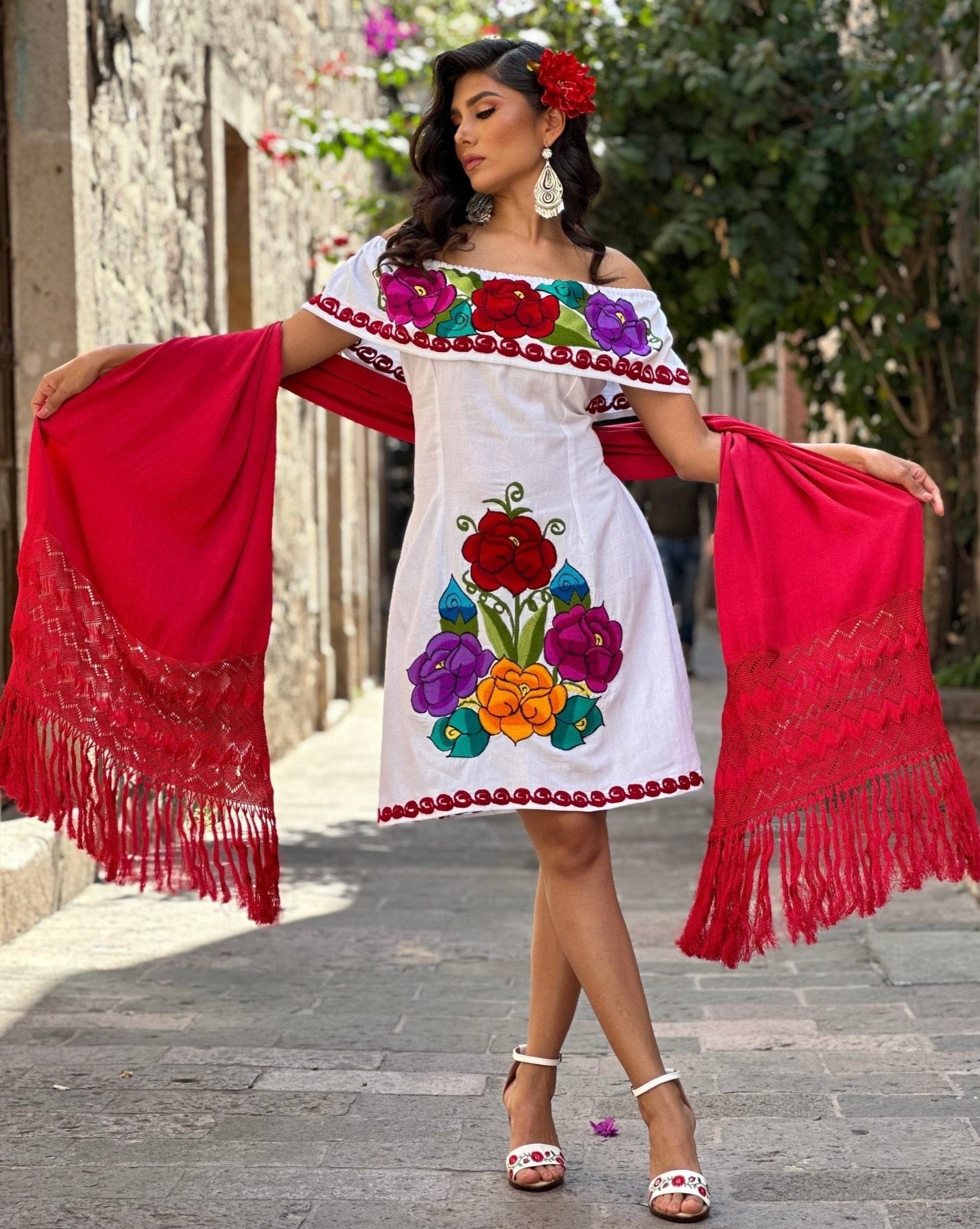 Colorful Mexican Embroidered Dress in White