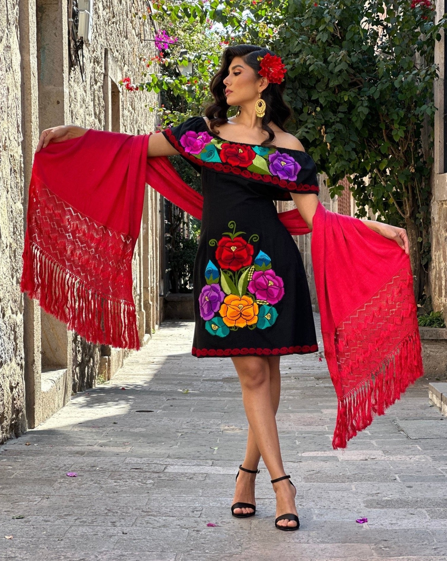 Colorful Mexican Embroidered Dress in Black