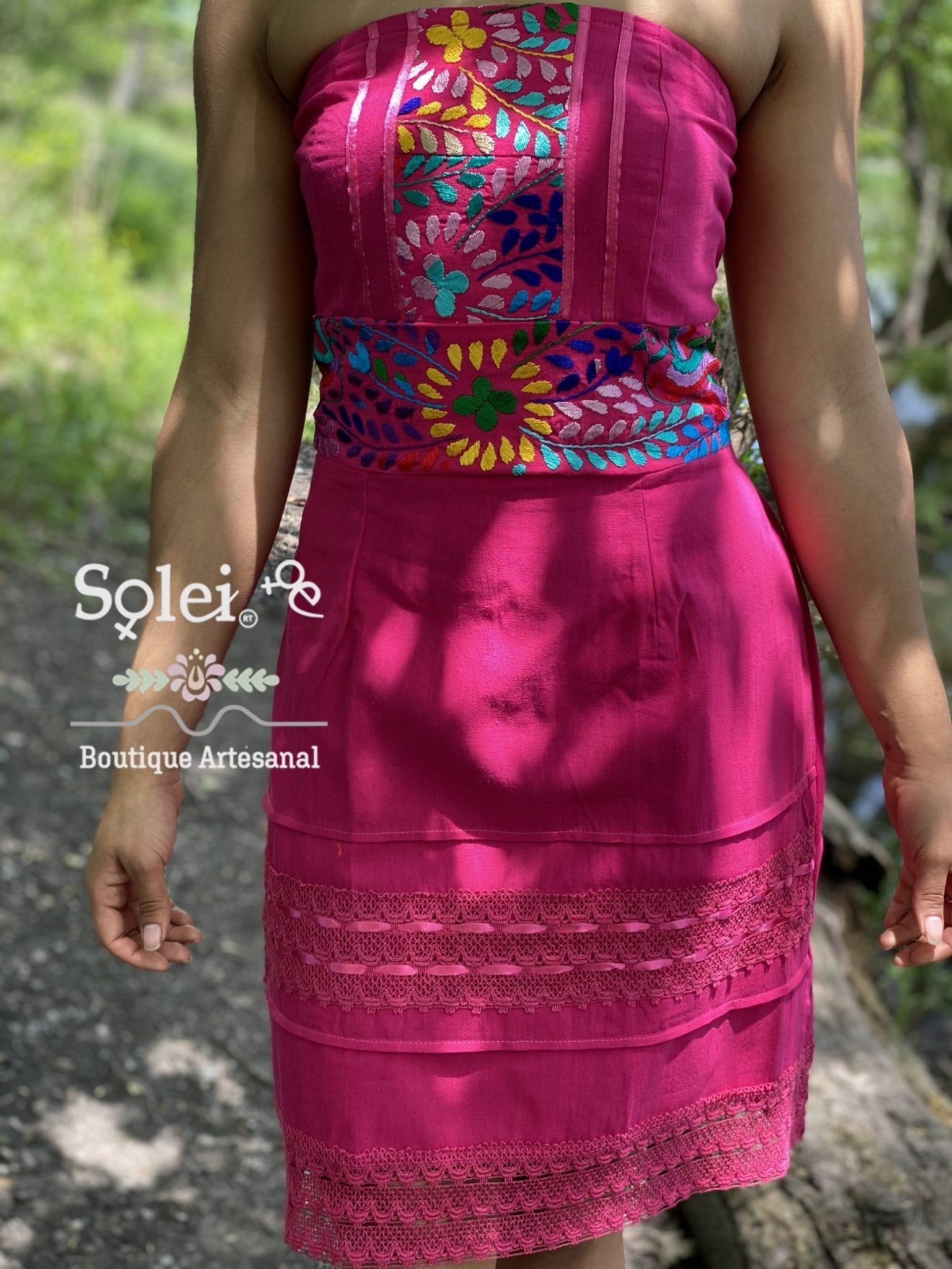 Mexican Floral Strapless Dress. Artisanal Mexican Dress. Colorful Embroidered Dress. - Solei Store