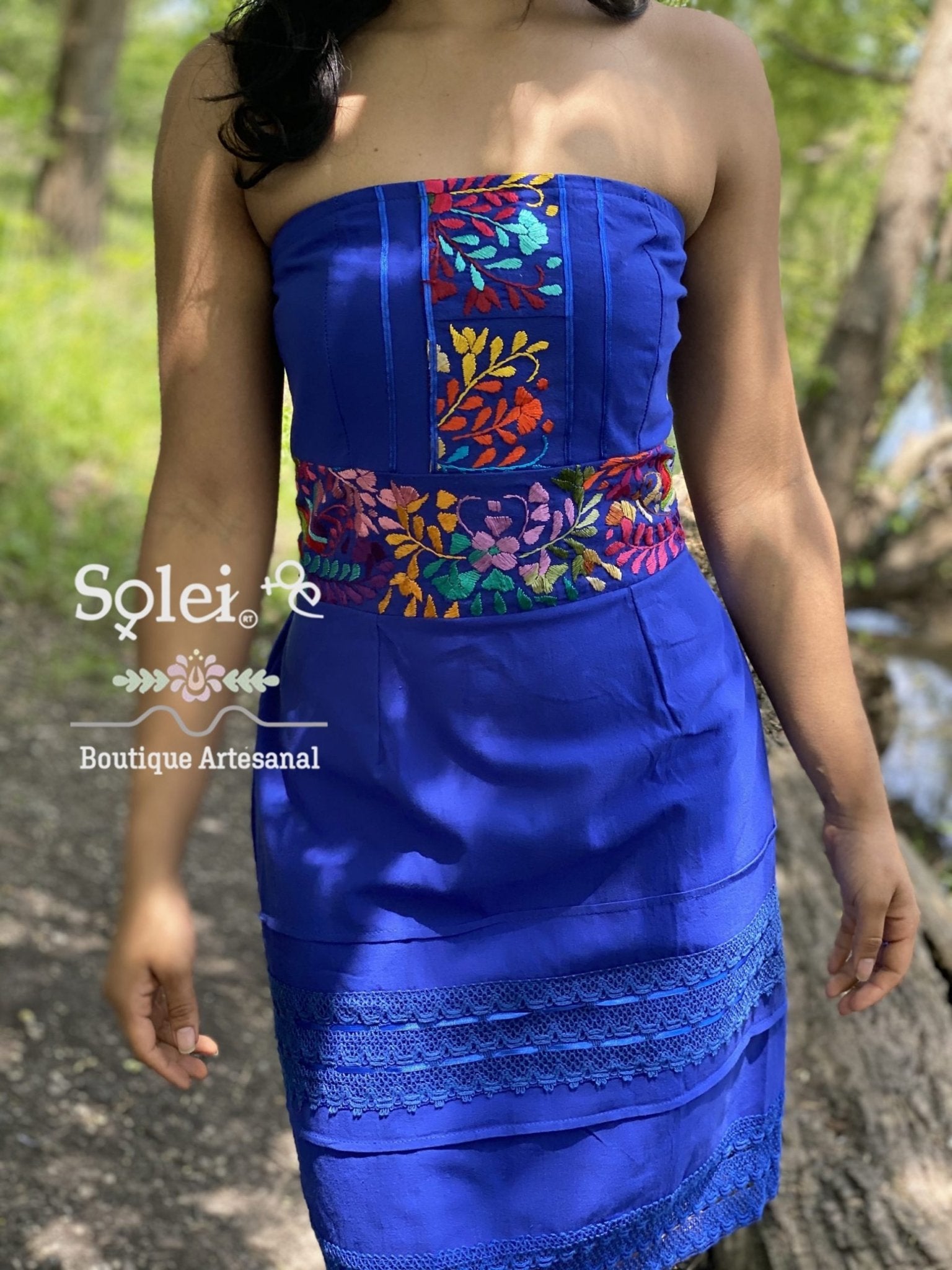 Mexican Floral Strapless Dress. Artisanal Mexican Dress. Colorful Embroidered Dress. - Solei Store