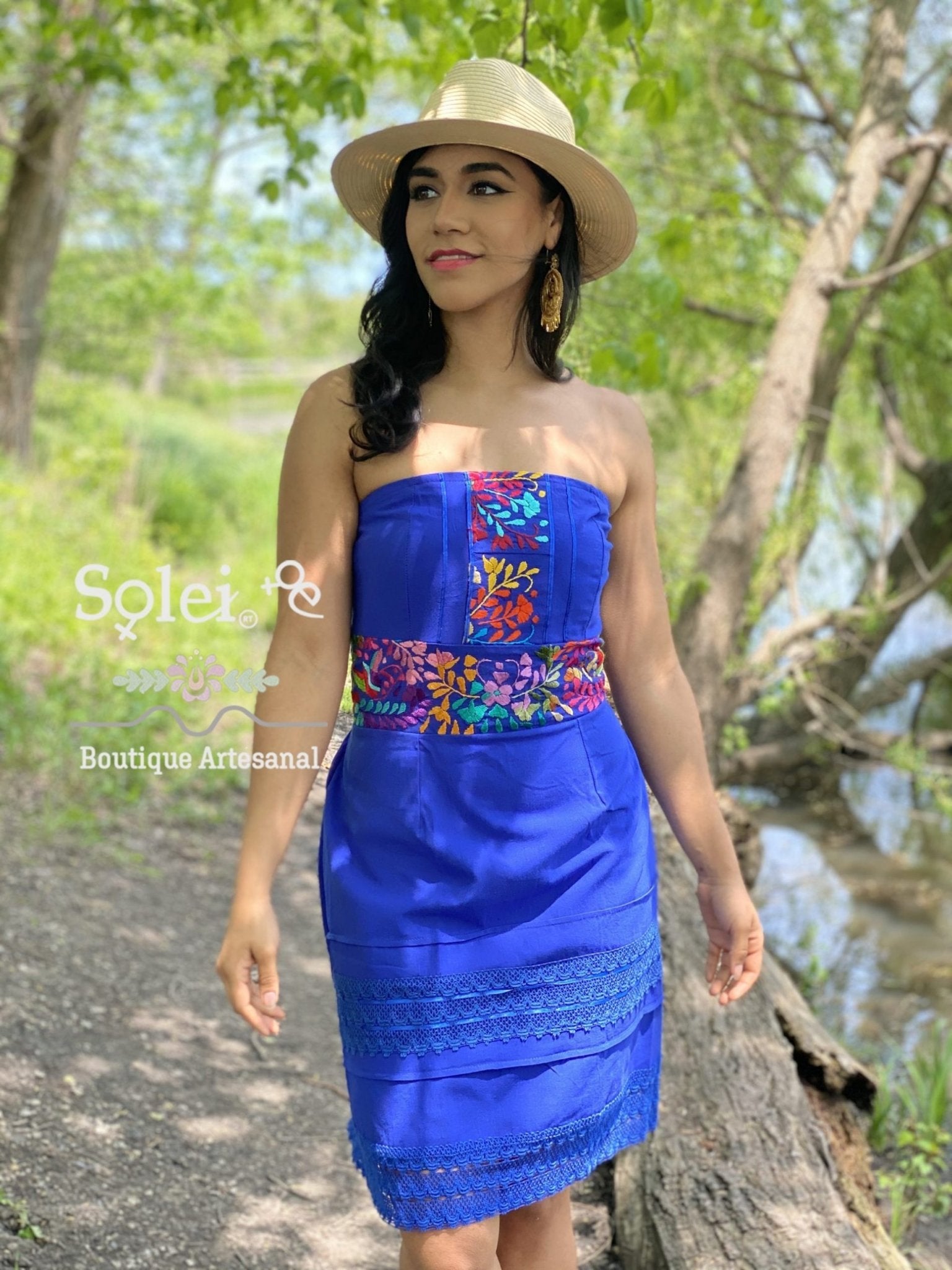 Mexican Floral Strapless Dress. Artisanal Mexican Dress. Colorful Embroidered Dress. - Solei Store