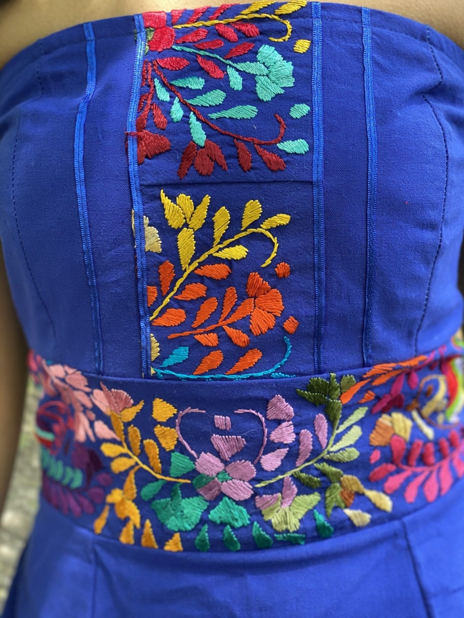 Mexican Floral Strapless Dress. Artisanal Mexican Dress. Colorful Embroidered Dress. - Solei Store