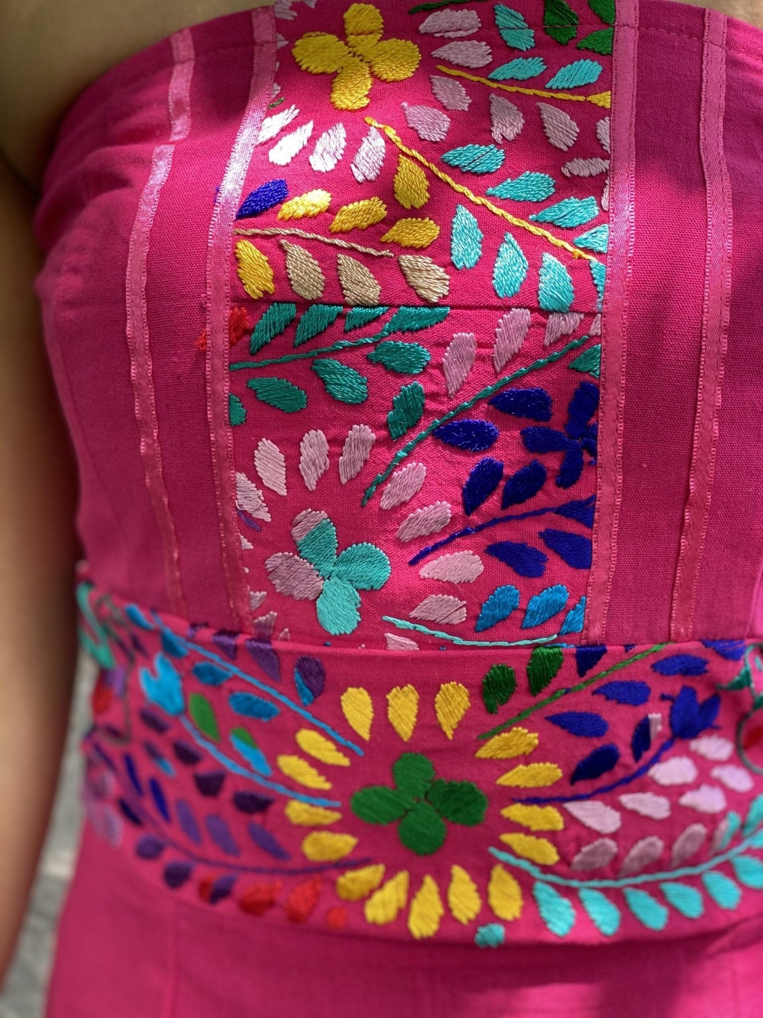 Mexican Floral Strapless Dress. Artisanal Mexican Dress. Colorful Embroidered Dress. - Solei Store