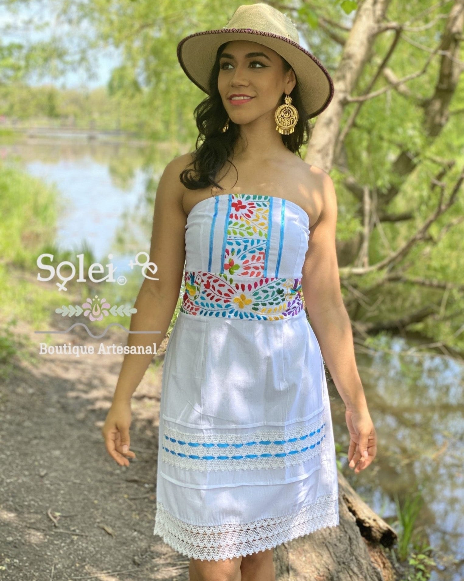 Mexican Floral Strapless Dress. Artisanal Mexican Dress. Colorful Embroidered Dress. - Solei Store
