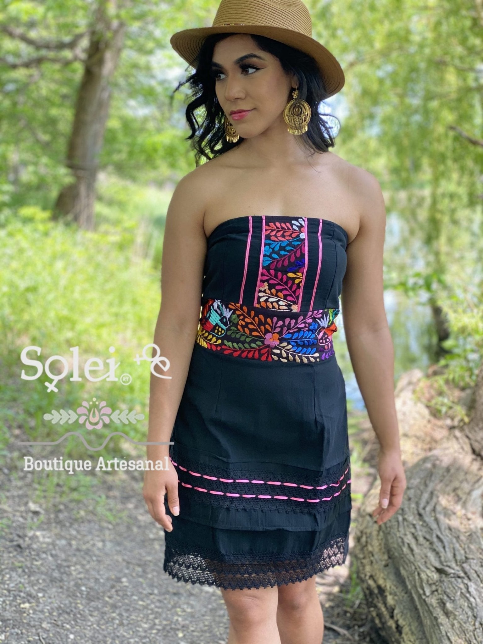 Mexican Floral Strapless Dress. Artisanal Mexican Dress. Colorful Embroidered Dress. - Solei Store